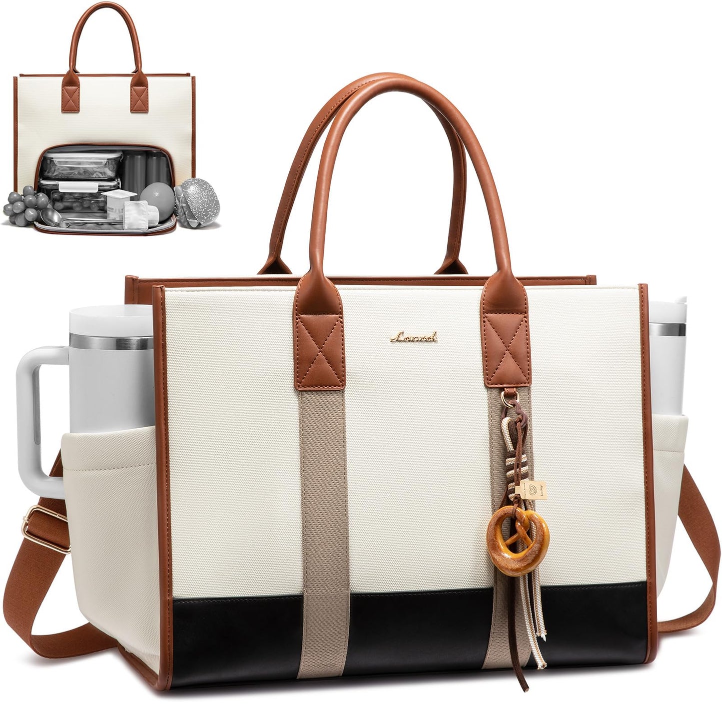 LOVEVOOK Work Tote Bag with Lunch Compartment with Giant Tumbler Holder,15.6 Inch Waterproof 3 in 1 Lunch Bag Women Men Laptop Bag Purse Tote with Padded Sleeve for Teacher,Nurse,College,Travel,Office