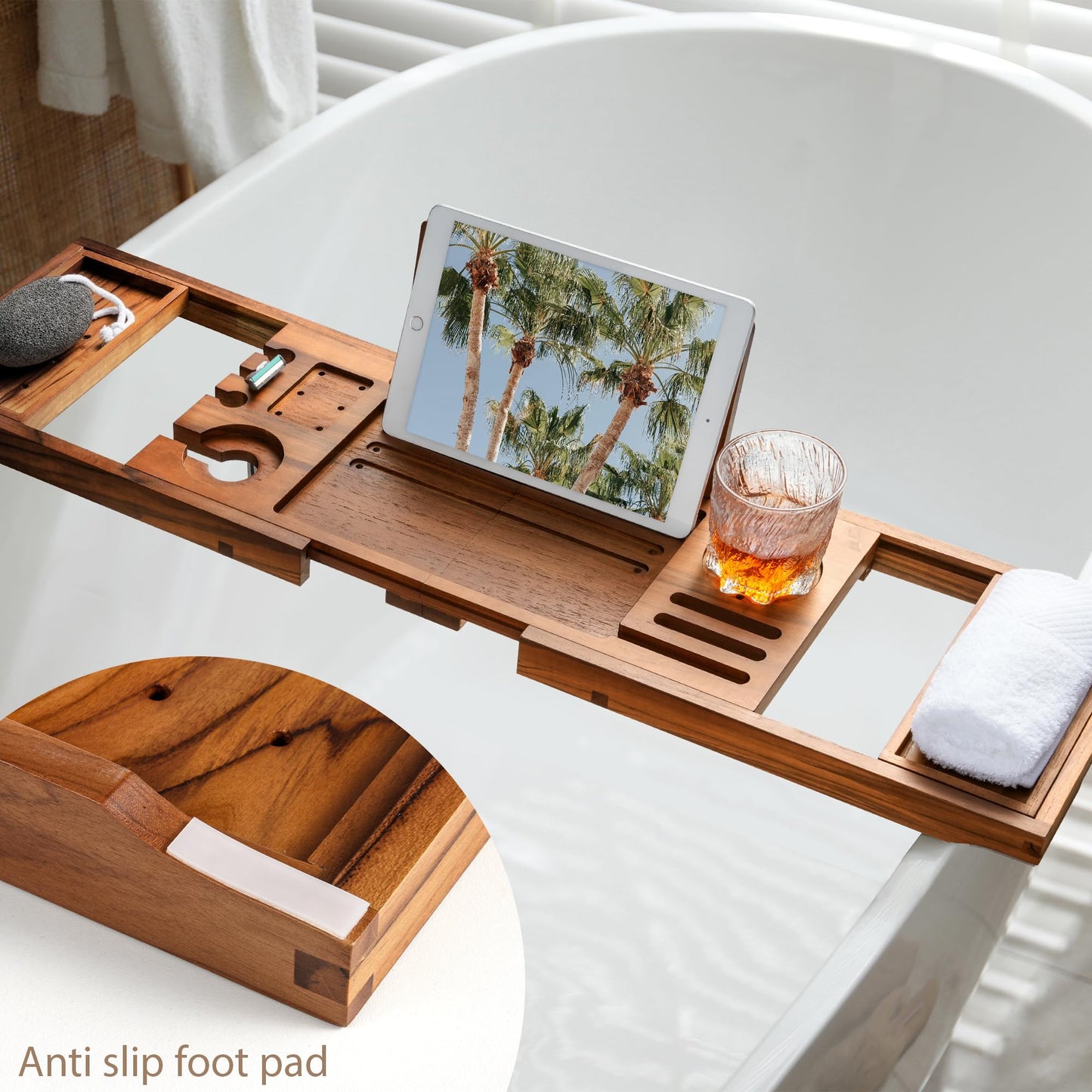 Realgulf Teak Bathtub Tray | Adjustable Width Tray with Wine Holder, Tablet/Phone & Book Stand, Splash-Proof for Bath Time- Natural