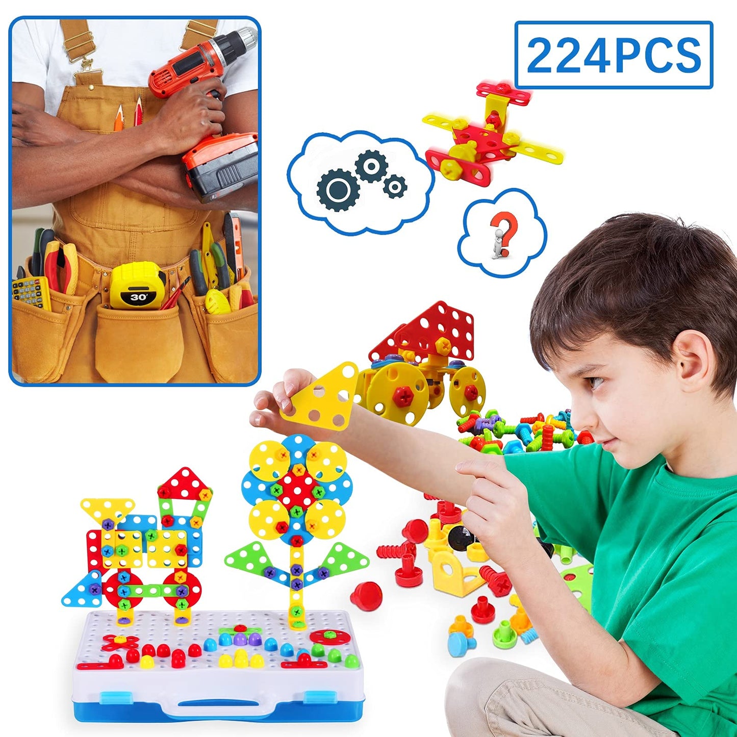 224 Piece STEM Building Set for Kids, Mosaic Drill Set Creative Puzzle Toy for Boys and Girls 4 5 6 7 8 Years Old, Design Drill Game Puzzle Block for Preschool Children Gift