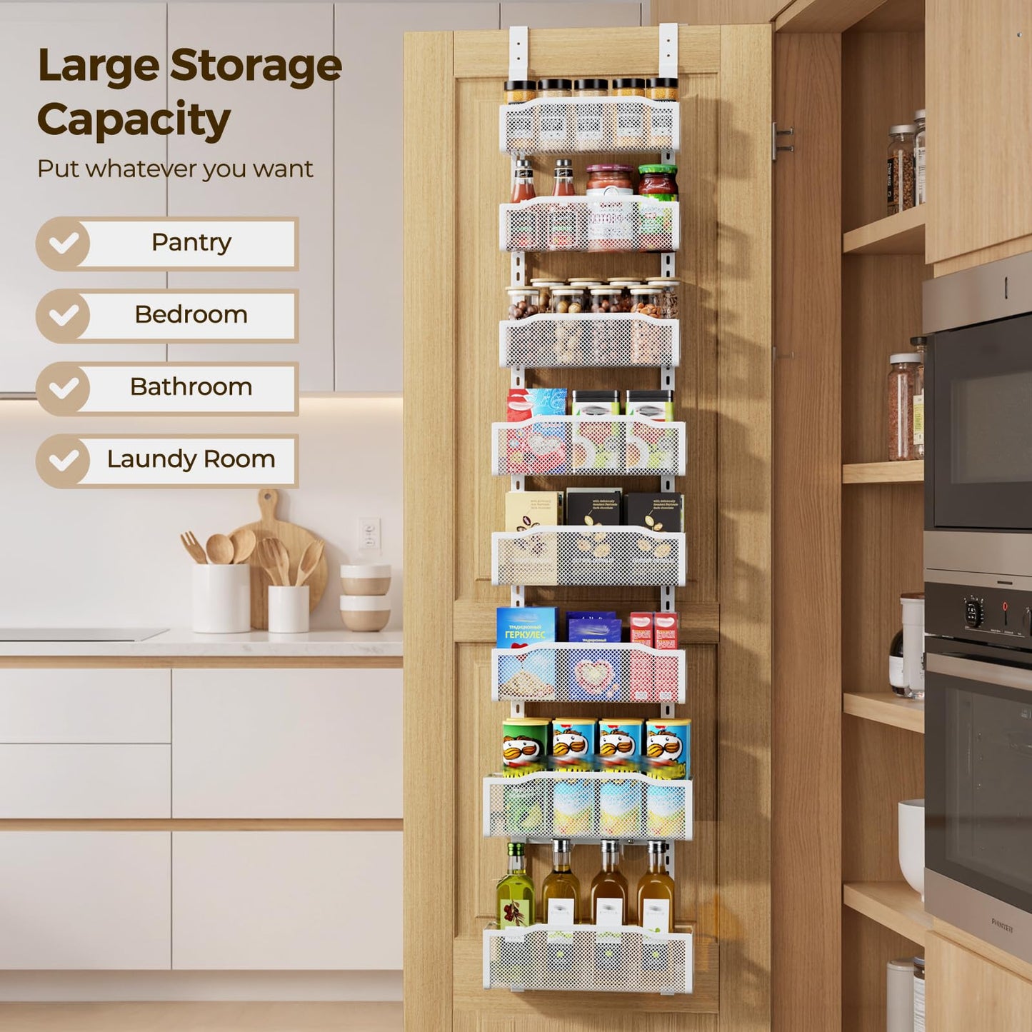 Delamu 8 Tier Over the Door Pantry Organizer, 2in1 Hanging or Wall Mount Spice Rack Seasoning, Adjustable Heavy-Duty Narrow Pantry Door Organizer and Storage for Kitchen Cabinet and Bathroom,12" White