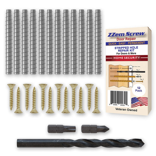 12-PK - #9x3 Steel Screws Permanent Door Hinge Repair Kit – Easy Stripped Screw Hole Repair – Reinforce Door Hinges, Strike Plates & Door Jamb Repair – Quickly Fix Stripped Hinge Screws - Made in USA