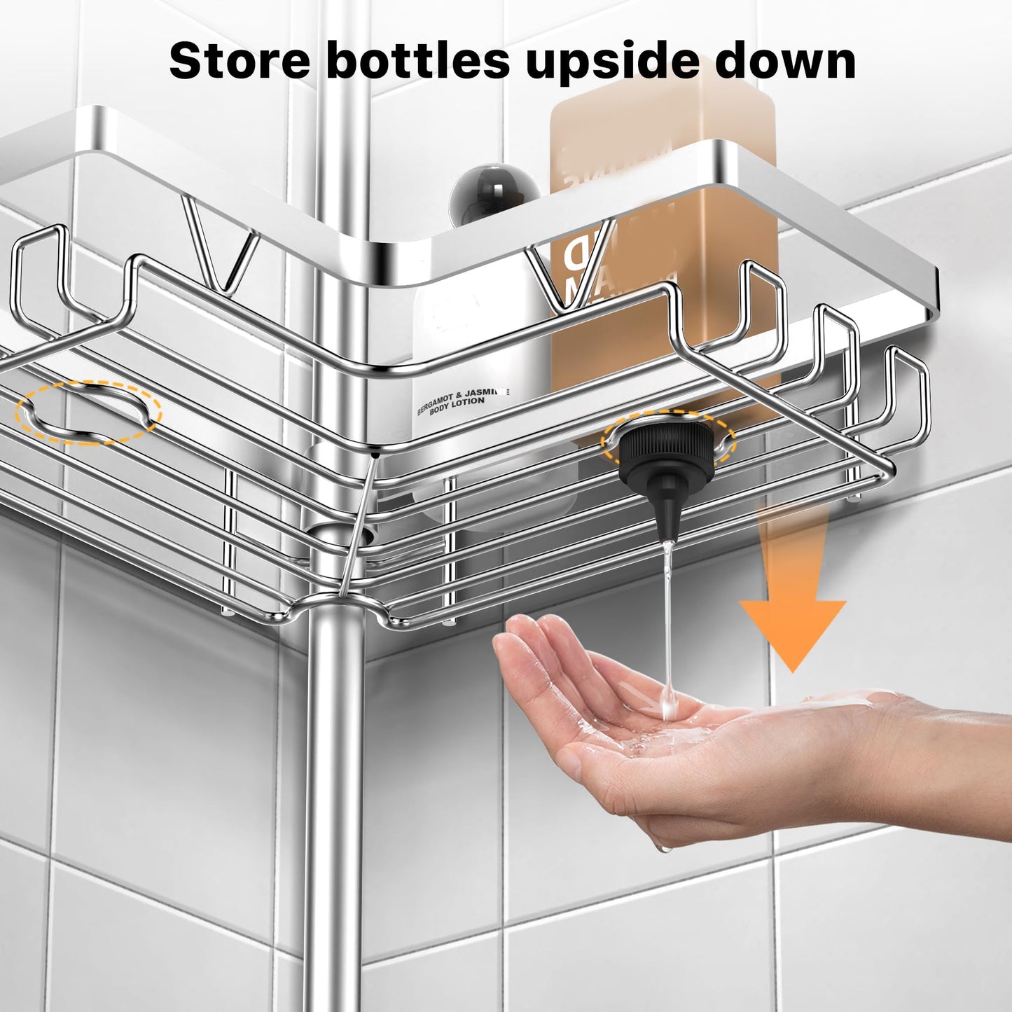 KEGII SUS304 Corner Shower Organizer, Stainless Steel Tension Pole Corner Bathroom Caddy, No Drilling Required Adjustable Shower Shelf for Inside Showers, Silver