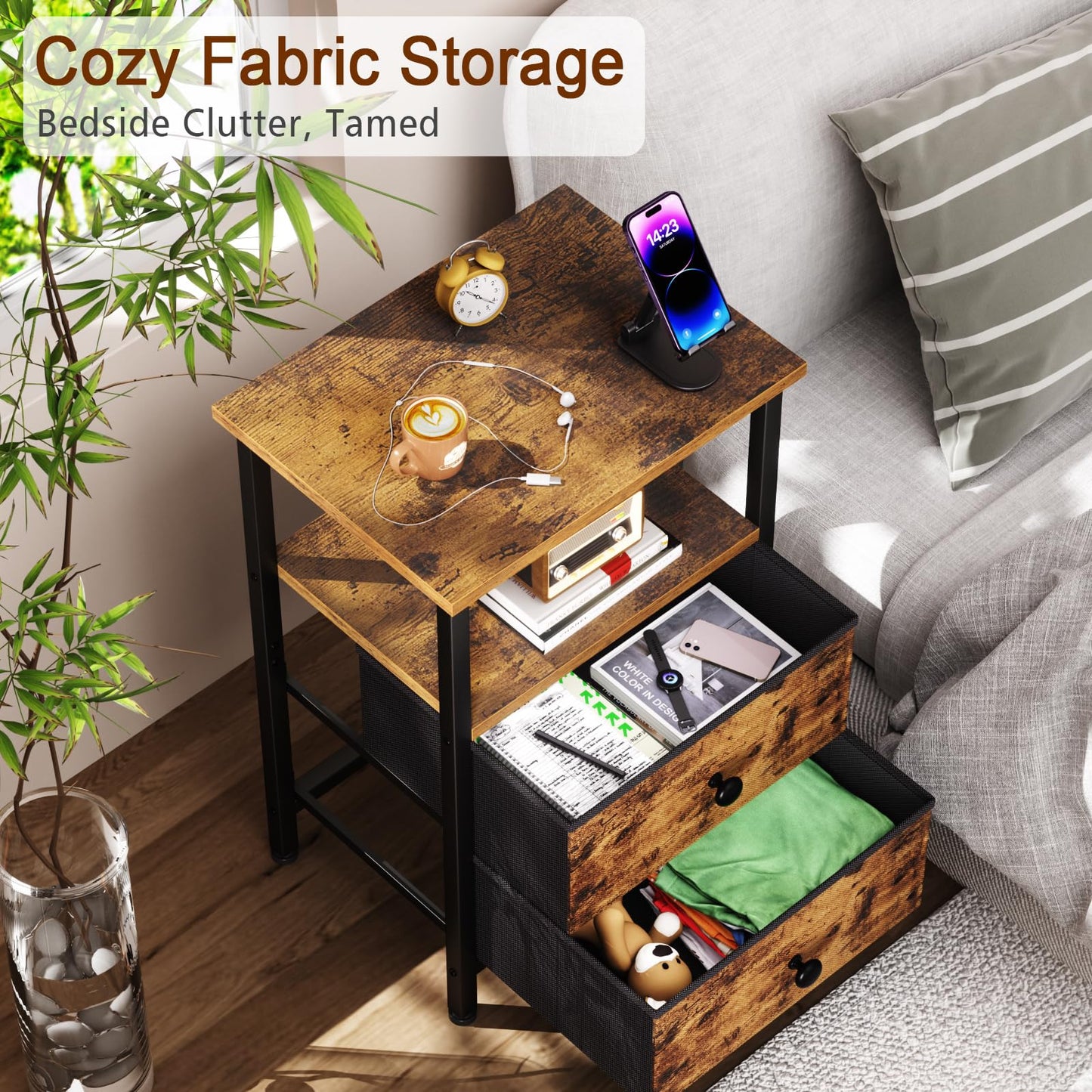 LOAKEKEL Nightstands Set of 2, Night Stand with 2 Fabric Drawers, Bed Side Table with Open Storage Shelf for Bedroom, Small End Tables Living Room, Rustic Brown, HETS002BR