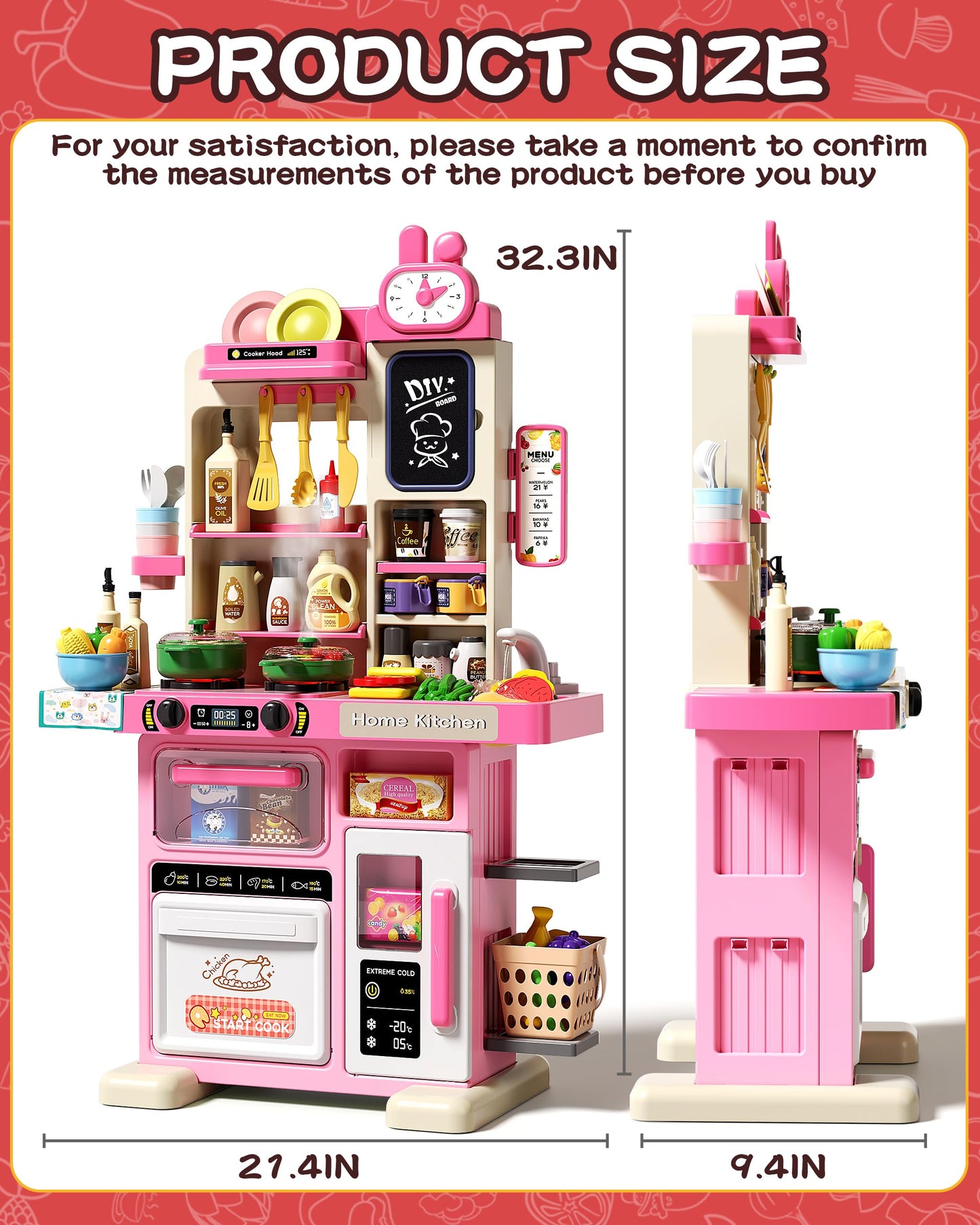 33.8IN Kids Kitchen Playset, 70PCS Kid Play Kitchen with Realistic Lights & Sounds, Spray Sink Toy Kitchen Accessories, Pretend Food Toys Kitchen for Boys Girls Toddlers Age 1-3(Pink)