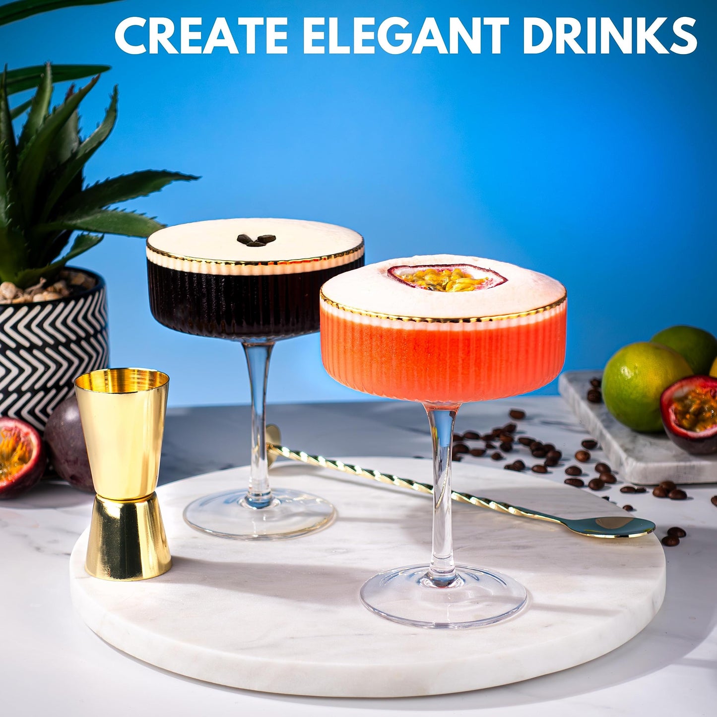 VEMACITY Ribbed Espresso Martini Glasses set of 4 with Gold Rims & Bar Tools | Beautiful Ribbed Coupe Glasses Set of 4 (10oz) | Versatile Champagne, Cosmopolitan, Margarita, Coupe Martini Glassware