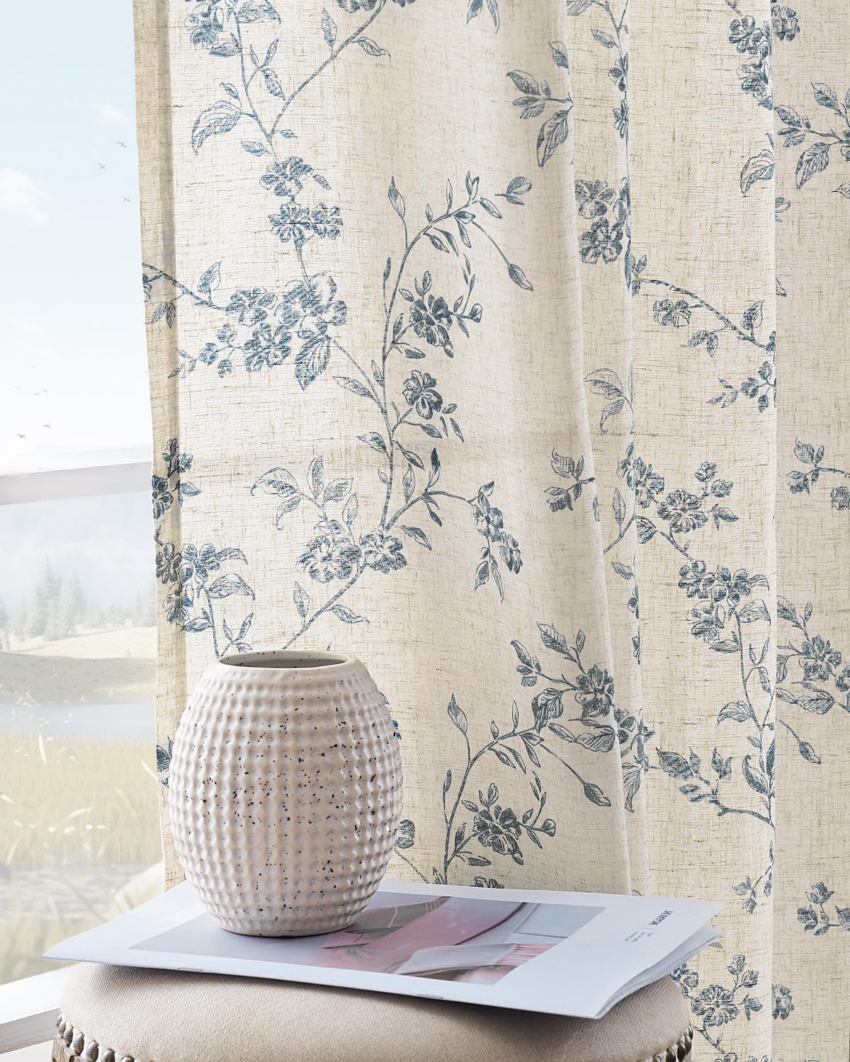 jinchan Linen Floral Curtains for Living Room 84 Inch Length Blue Printed Curtains Back Tab French Country Farmhouse Flower Patterned Drapes Bedroom Window Curtain Set 2 Panels