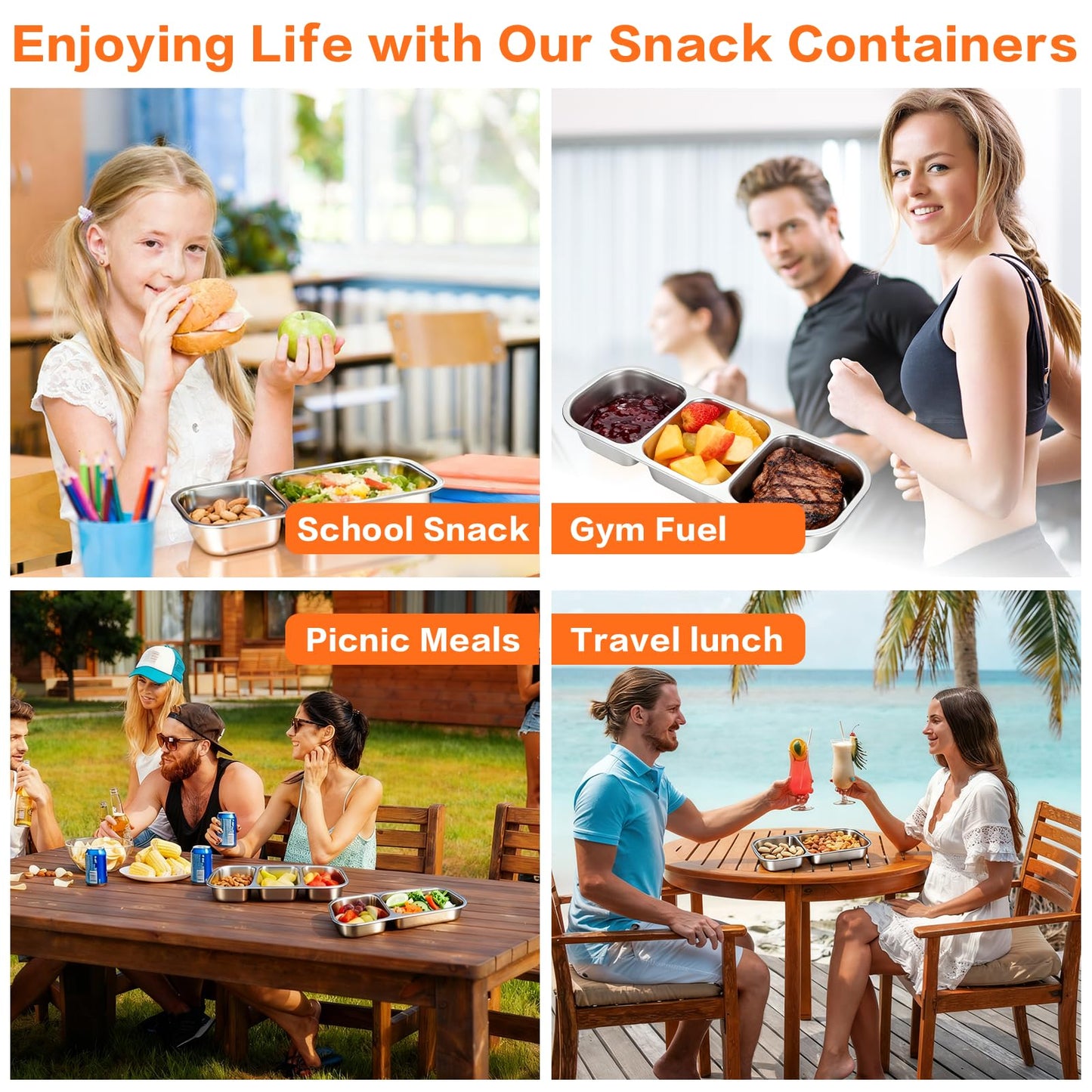 YJSLICT 4 Pack Stainless Steel Snack Containers with Lids, 3 Compartments Reusable Snack Box for Adults, Food Storage Metal Containers Divided Meal Prep Box for Home, Work, Travel