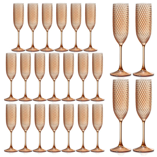 24 Pack Plastic Champagne Flutes Rose gold Champagne Glasses Unbreakable Wedding Toasting Glasses Diamond Wine Glasses Crystal Clear Party Wine Cups Vintage Drinking Glasses 5.5 OZ for Bridal Shower