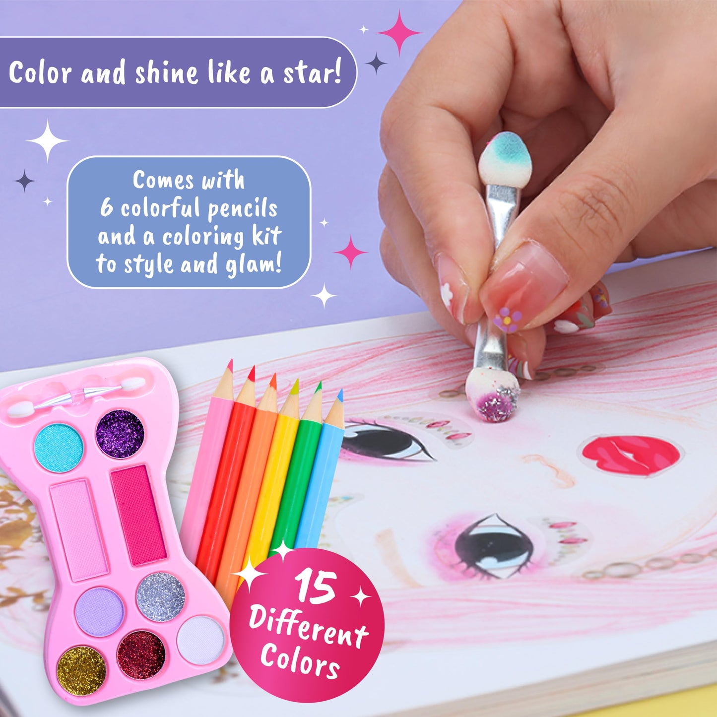 BSCOOL Make-up Artist Kit - 2 Sets Pretend Play Makeup & Sticker Coloring Book, Includes Palette, Brushes, Pencils & 200+ Stickers, Girls Beauty Toy Ages 5+