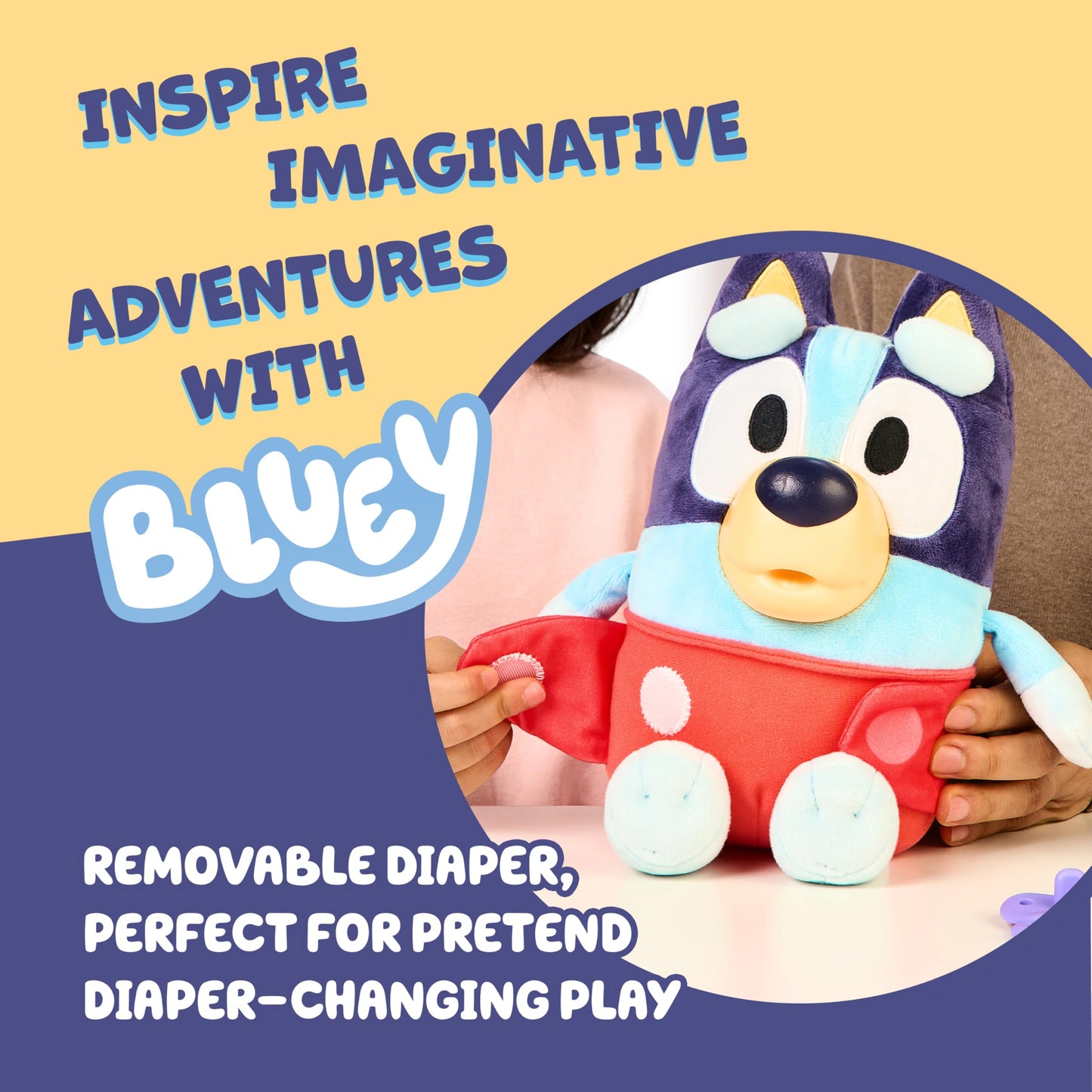 Bluey Baby Pampering & Caring, Feeding & Soothing Baby, 28cm Electronic Plush Toy with 10 Different Baby Sounds, 2 Accessories and Removable Diaper