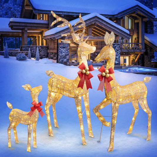 3Pcs Large Lighted Reindeer Christmas Decorations, 3D Yard Deer Decor Family Set for Indoor or Outdoor Yard Art- with 210 Warm White LED Lights,Ground Stakes,Zip Ties