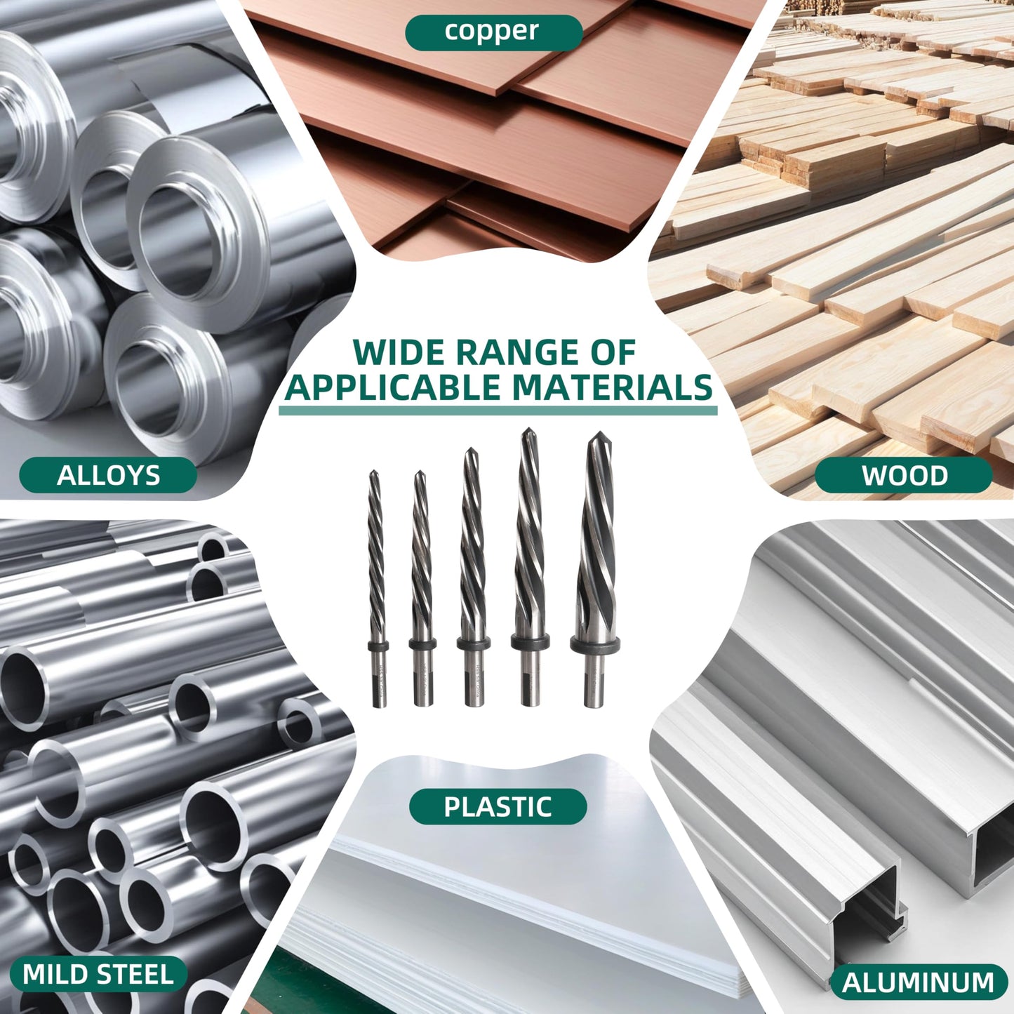 5PCS M2 HSS Taper Chucking Reamer Set 3/8",1/2",5/8",3/4",1 Fit 1/2" Round Shank Construction Reamer Drill Bit Bridge Also for Wood Alloy Steel Metal Align The existing Hole and Expand The Reamer