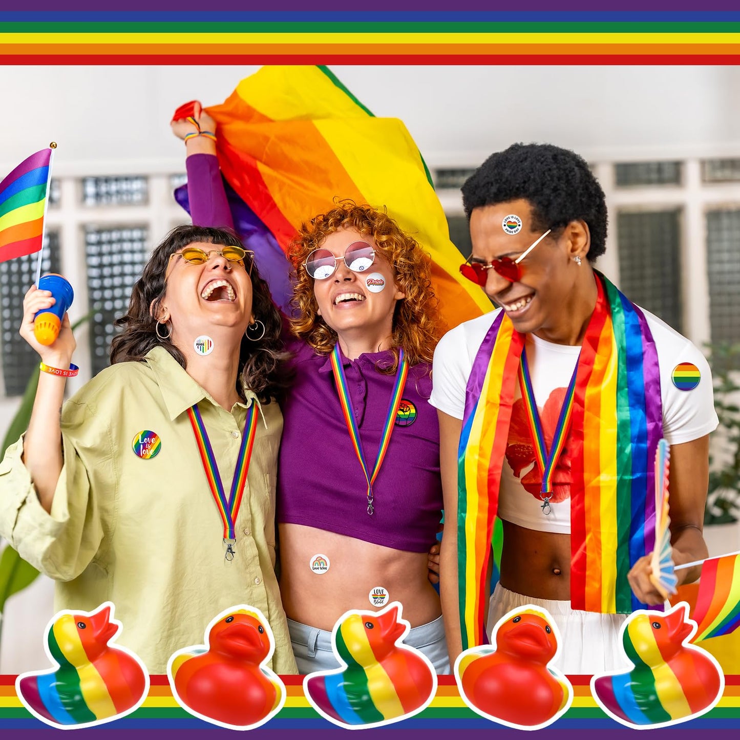 RoundFunny 1120 Pcs Rainbow Gay Pride Items Set Include Rainbow Rubber Ducks Flags Stickers Buttons Silicone Bracelets Lanyards Safety Buckles Keychains for Pride Day Month Party Accessories Supplies