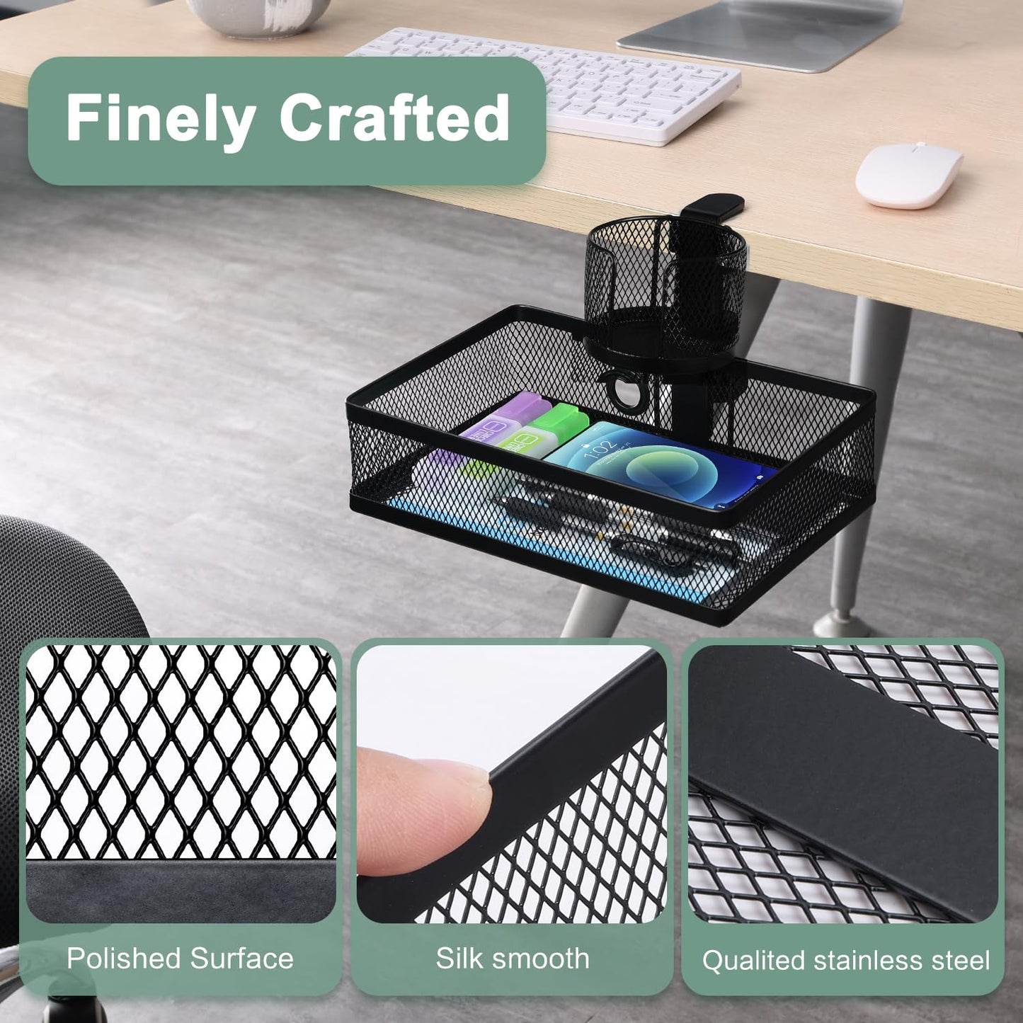 ROSYLINE 360°rotation under desk drawer, Drawer Under Desk Storage Organizer, Rotary Desk Storage Organizer with Cup Holder, Clamp Drawer Basket, sturdy and durable (black)