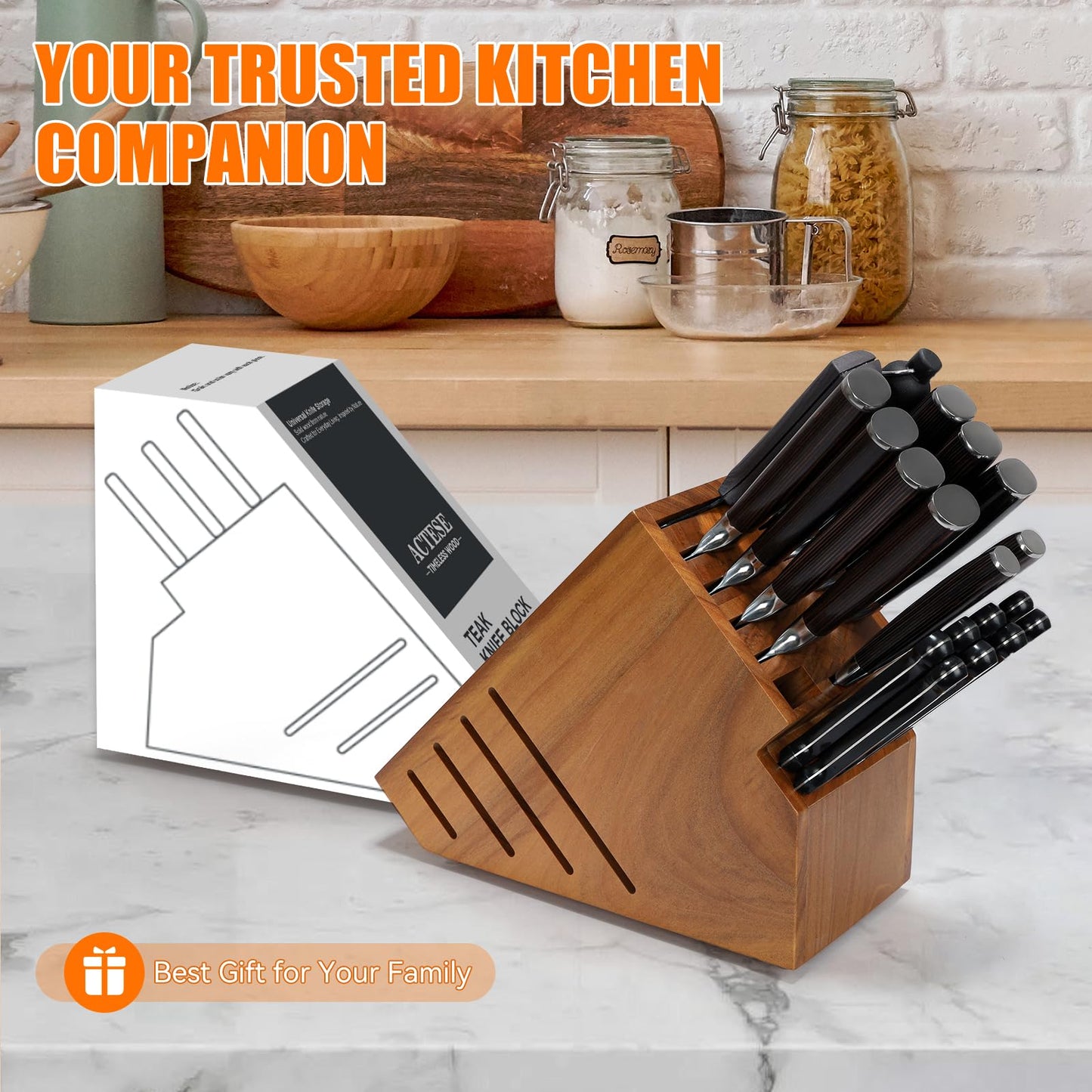 Teak Wood Knife Block Holder without Knives, 20 Slot Large Universal Wooden Knife Block Organizer with Wide Slots and Secure Stand, Countertop Butcher Block for Kitchen Storage