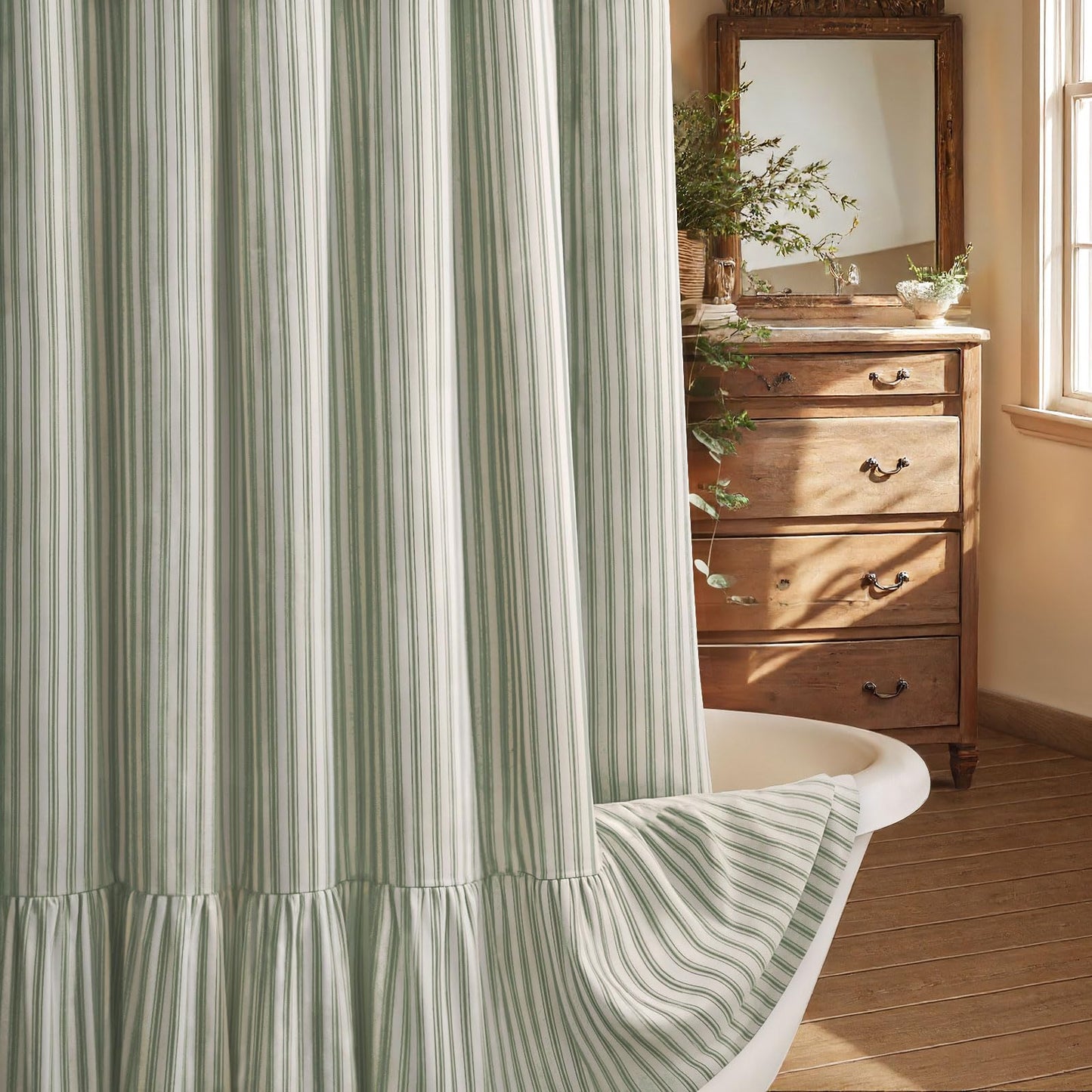 XOGUIBO Farmhouse Shower Curtain with Ruffle Hem Linen Shower Curtains for Bathroom Country Vintage Rustic Natural Fabric, Cream-Green Stripe 72" W x 84" L