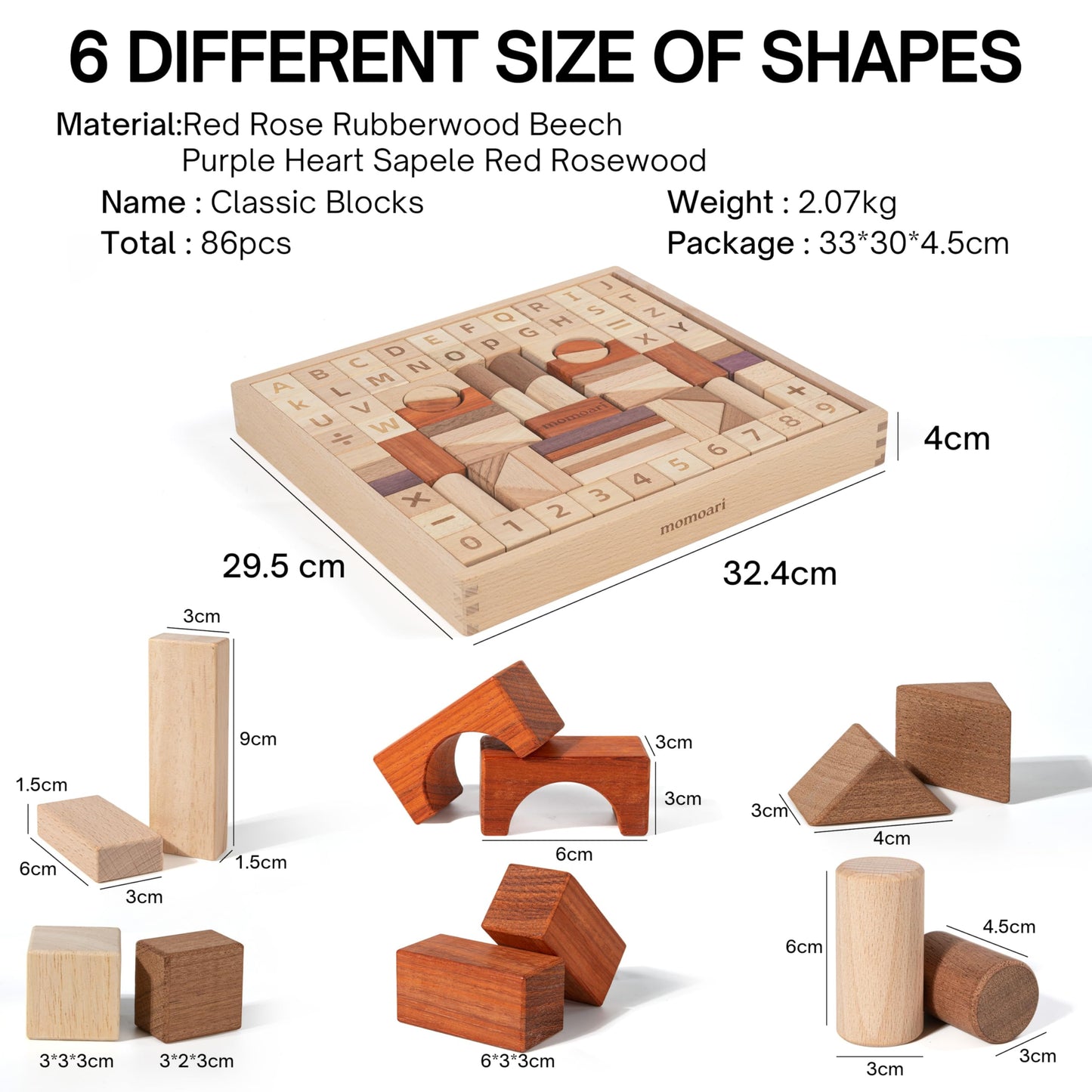 MOMOARI Alphabet Number Early Math Wooden Building Blocks