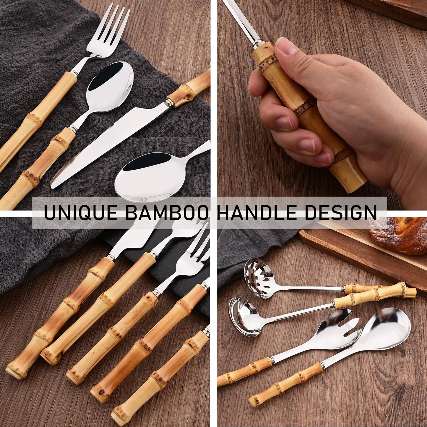 Uniturcky 50PCS Silverware Set for 10, Bamboo Handle Flatware Set, Stainless Steel Cutlery Set for Home Restaurant and Party, Bamboo Forks Spoons and Knives Set, Polished Tableware