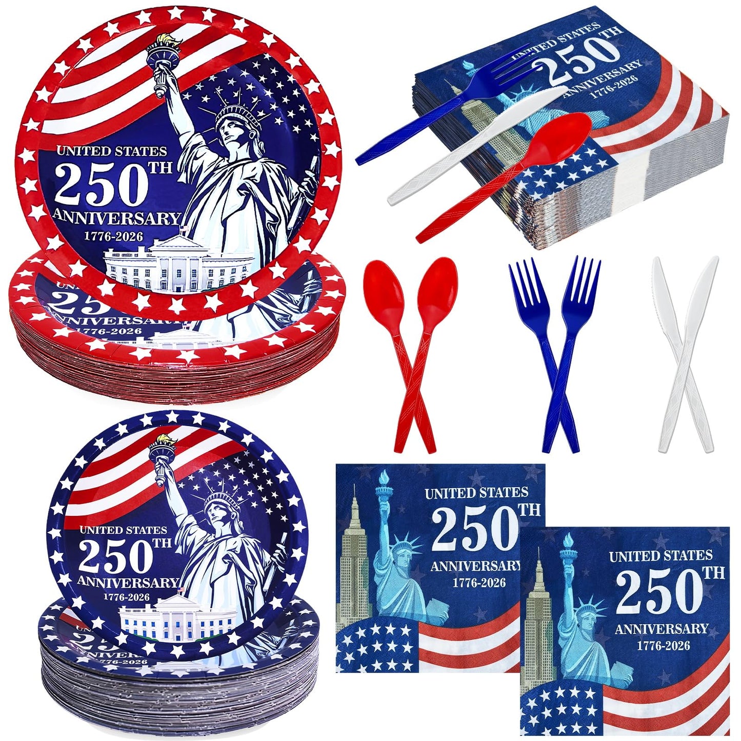 300 Pcs 250th Anniversary 4th of July Decorations American Flag Patriotic Party Supplies Set - Serve 50, 4th of July Disposable Paper Plates Napkins Cutlery Knives Forks Spoons Red White Blue Decor