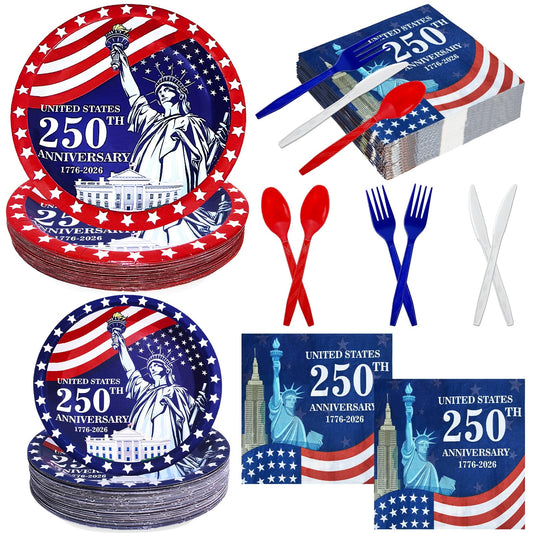 300 Pcs 250th Anniversary 4th of July Decorations American Flag Patriotic Party Supplies Set - Serve 50, 4th of July Disposable Paper Plates Napkins Cutlery Knives Forks Spoons Red White Blue Decor