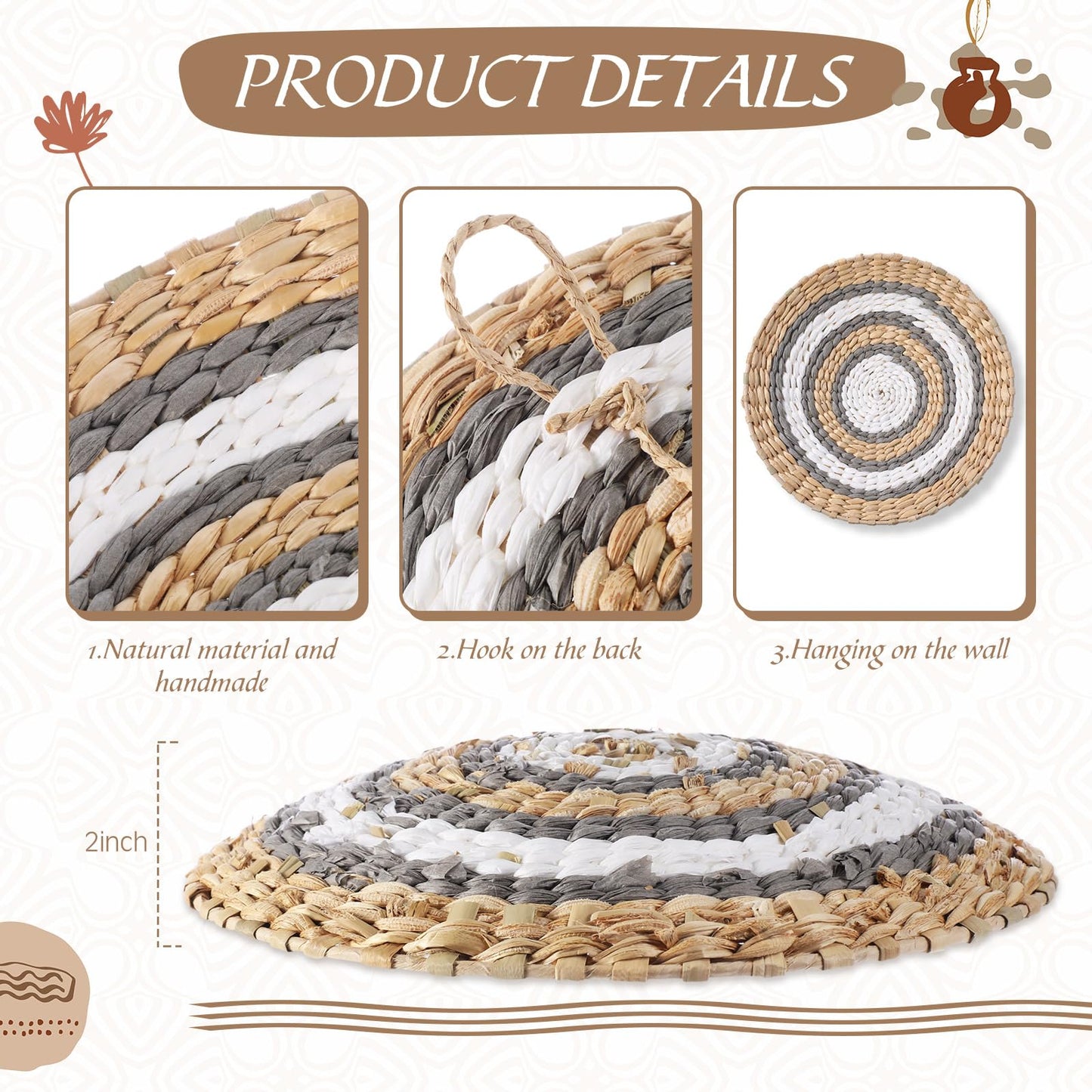 Anglechic 15 Pcs Boho Wall Basket Decor Woven Rattan Seagrass Wall Decor Hanging Rustic Farmhouse Western Art Decoration for Nursery Living Room Bedroom Home Kitchen(Grey White Style)