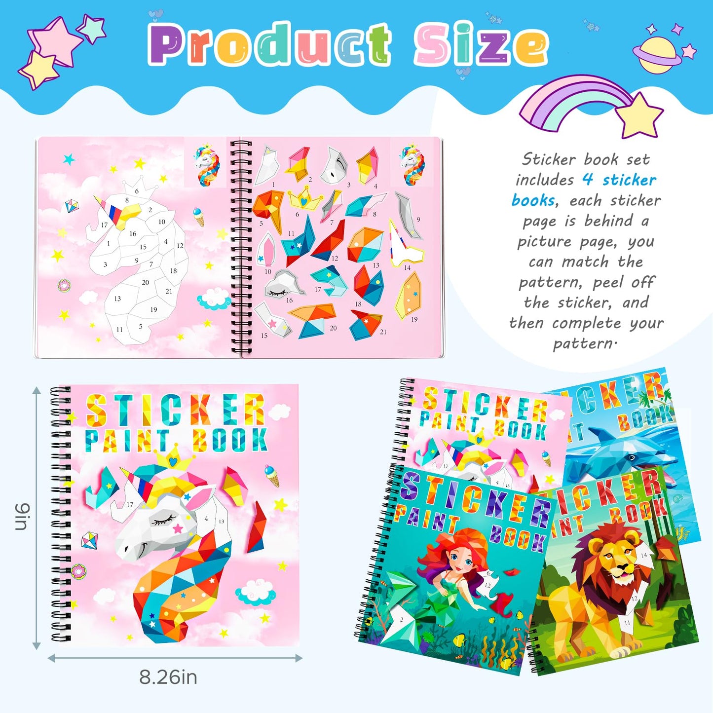 homicozy 4PCS Sticker Paint Books for Kids Ages 4-10,Unicorn Mermaid Animals Designs Paint By Stickers,Sticker By Numbers,Party Birthday Gifts for Girls 4-10,Create 40 Pictures One Stickers at A Time