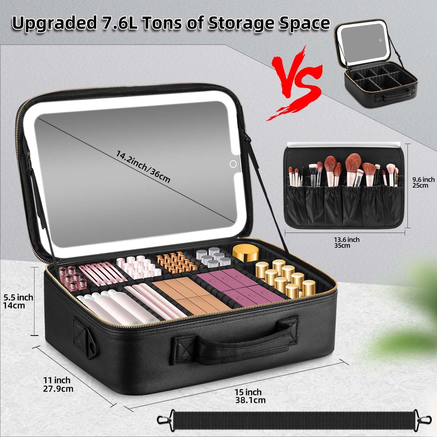 saiggnyy Large Travel Makeup Bag with LED Mirror, 3-Color Stepless Dimming Stand Mirror Detachable, with Adjustable Divider, Makeup Brush Holder Storage (Black)