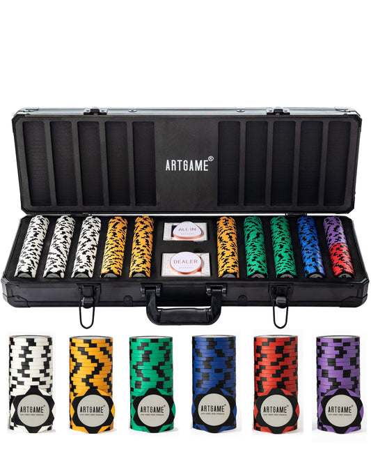 ARTGAME 14 Gram Clay Poker Chip Set for Texas Hold’em, 500Pcs Casino Style Chips, with K-Type Aluminum Case and Dealer Buttons.