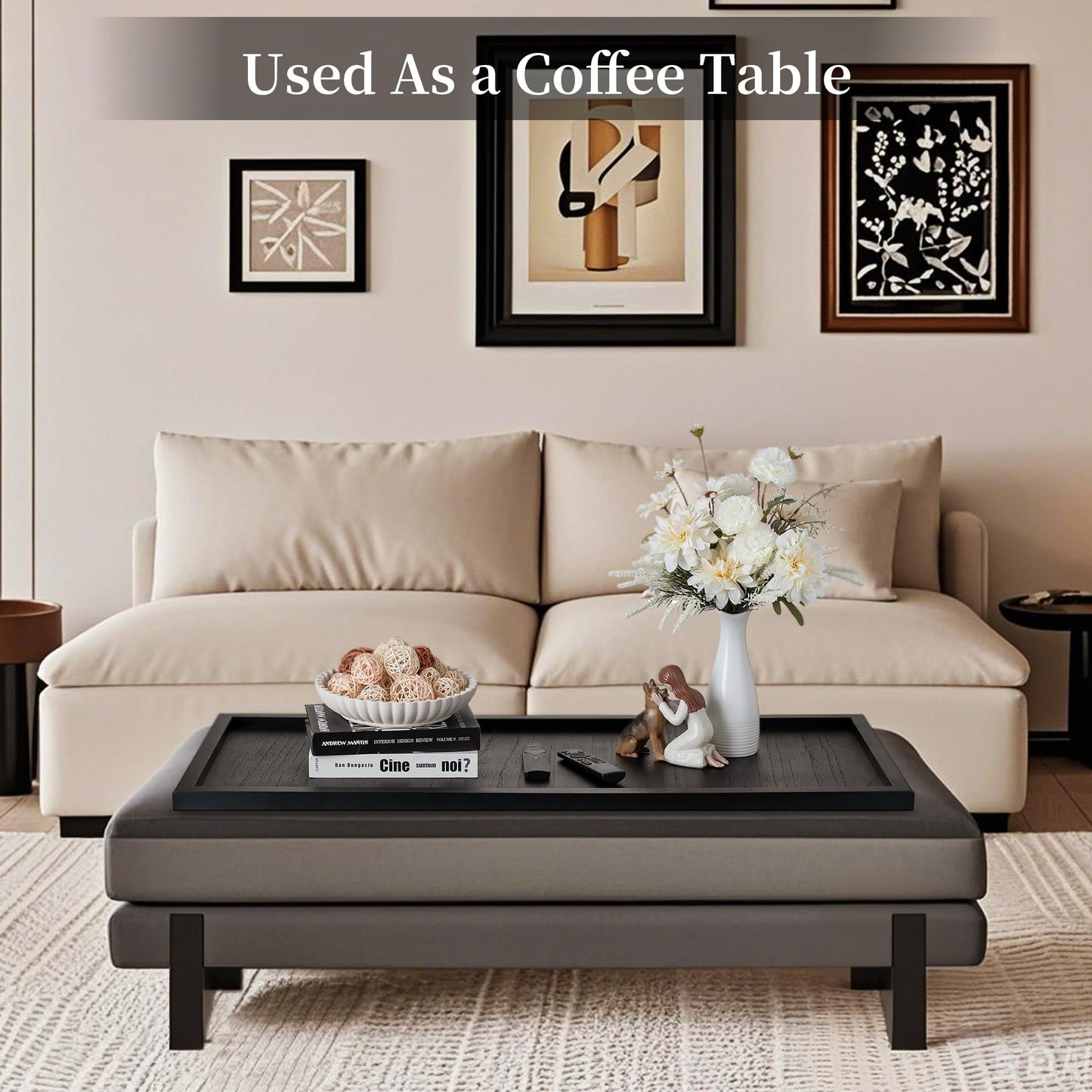 Hanobe Large Ottoman Serving Tray: Farmhouse Wood Decorative Coffee Table Trays for Home Decor Living Room for Black Long Kitchen Counter Topper