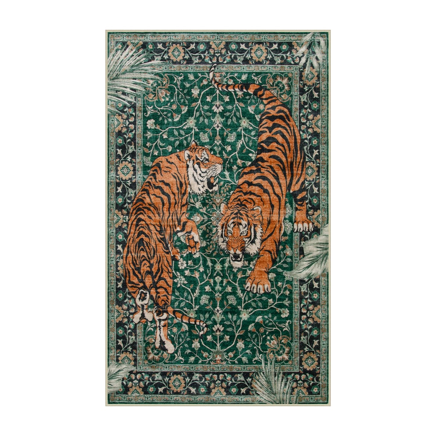 Moynesa Tiger 3x5 Washable Rug, Boho Area Rugs for Entryway, Green Non Slip Small Rug for Bedroom, Ultra Thin Botanical Soft Accent Carpet for Kitchen Entry Laundry Room