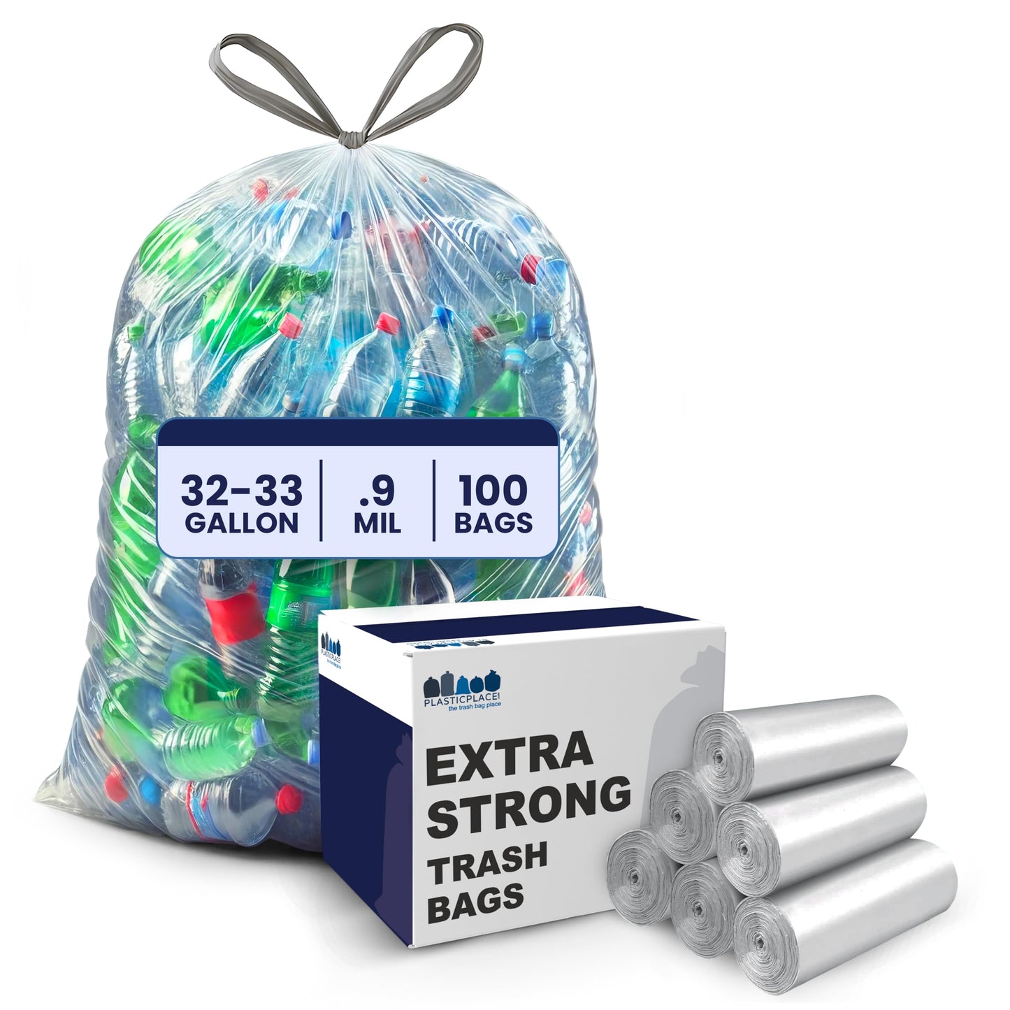 Plasticplace 32-33 Gallon Recycling Bags │ 0.9 Mil │ Clear Drawstring Garbage Can Liners │ 33" x 38" (100 Count)