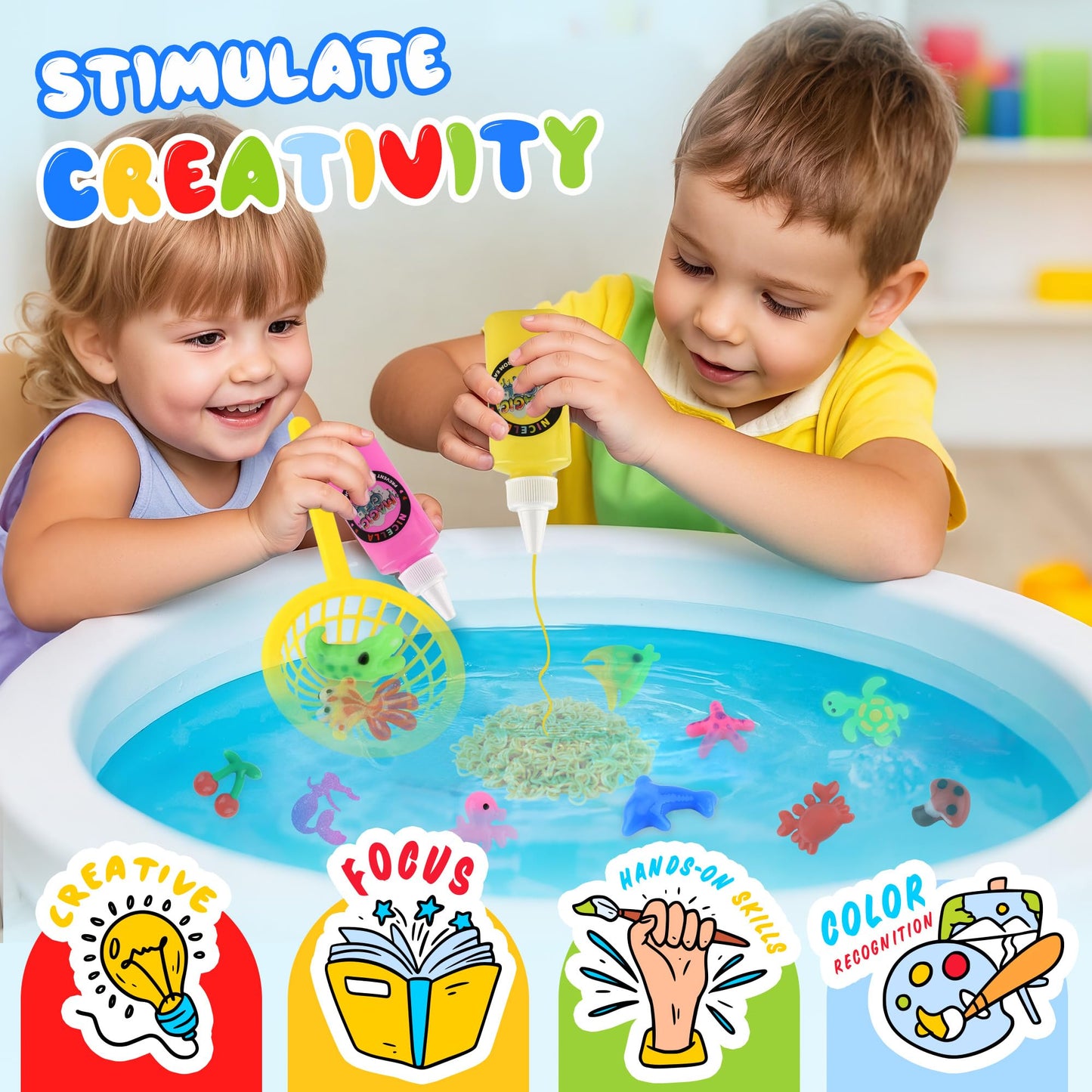 Nicella Magic Water Elf Toy Kit, Waters Pets, Aqua Water Gel with 20 Magic Gels and 20 Shape Molds, DIY Squishy Maker Kit, Kids Summer Crafts，Make Your Own Squishies Toys Crafts for Boys & Girls