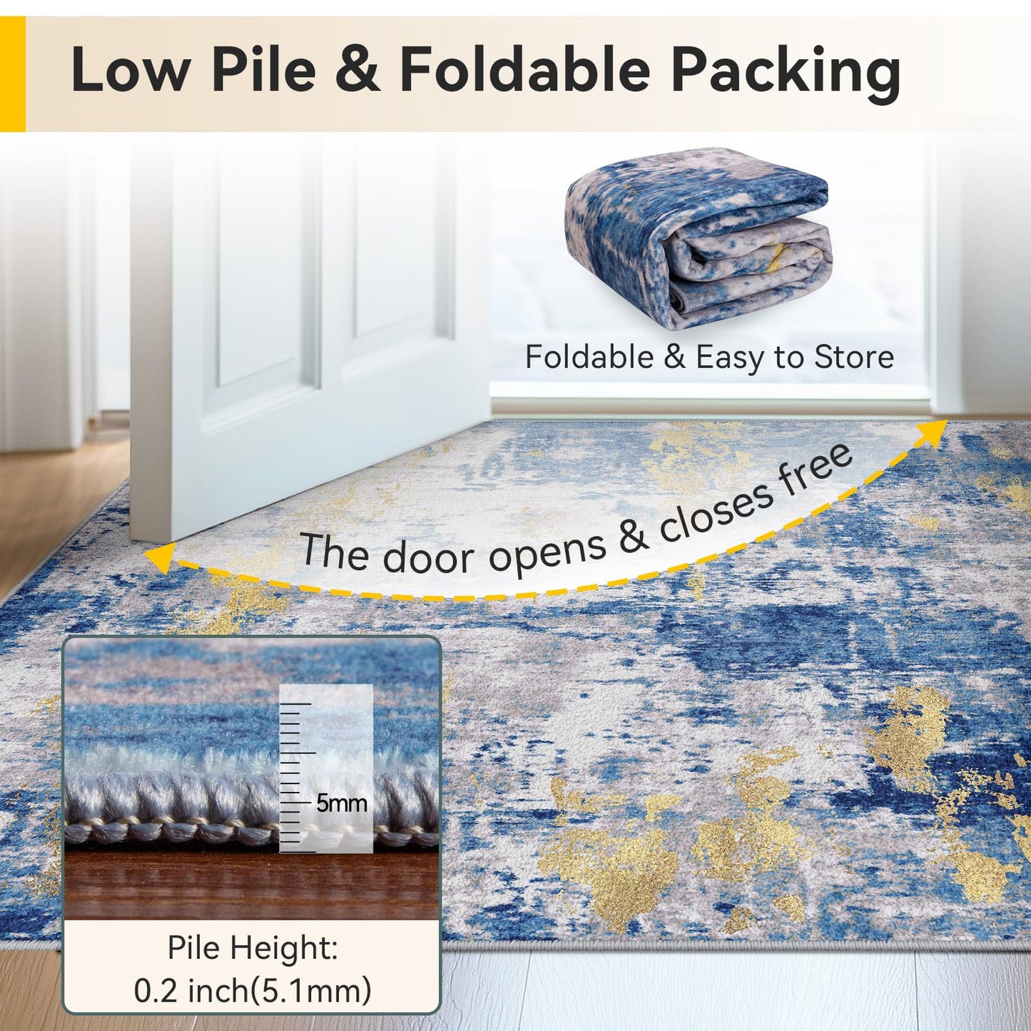 RELEANY Washable Area Rugs 5'x7' Non-Slip Modern Abstract Soft for Living Room Entryway Bedroom Nursery, Print Pattern, Grey Blue Gold/Golden