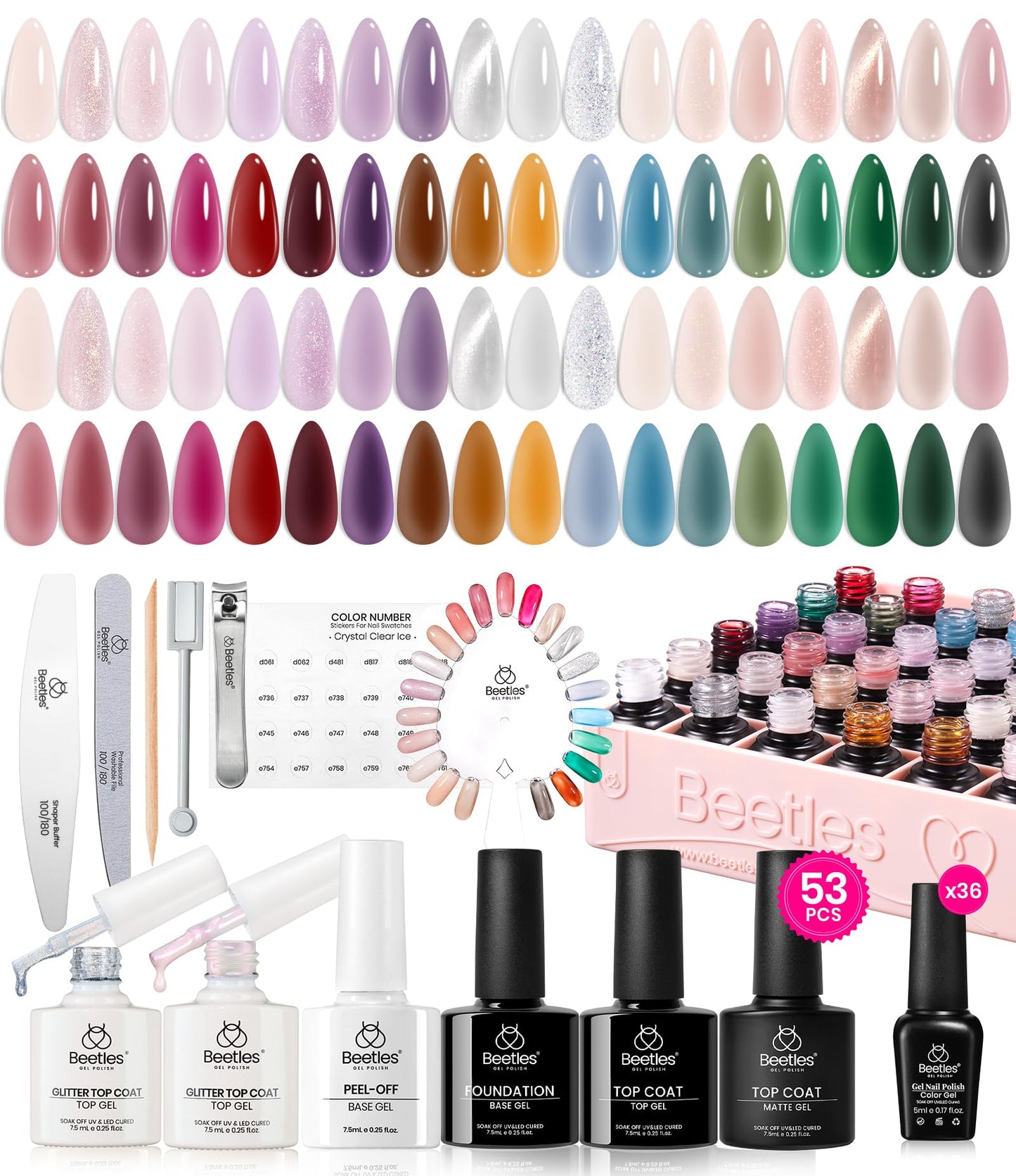 beetles Gel Polish 53 PCS Gel Nail Polish Set, 36 Colors Gel Polish Jelly Pink Milky with Base Coat Glitter Top Matte & Stars Top Coat Gel Red Crystal Ice Collection Valentines Day Gifts for Her