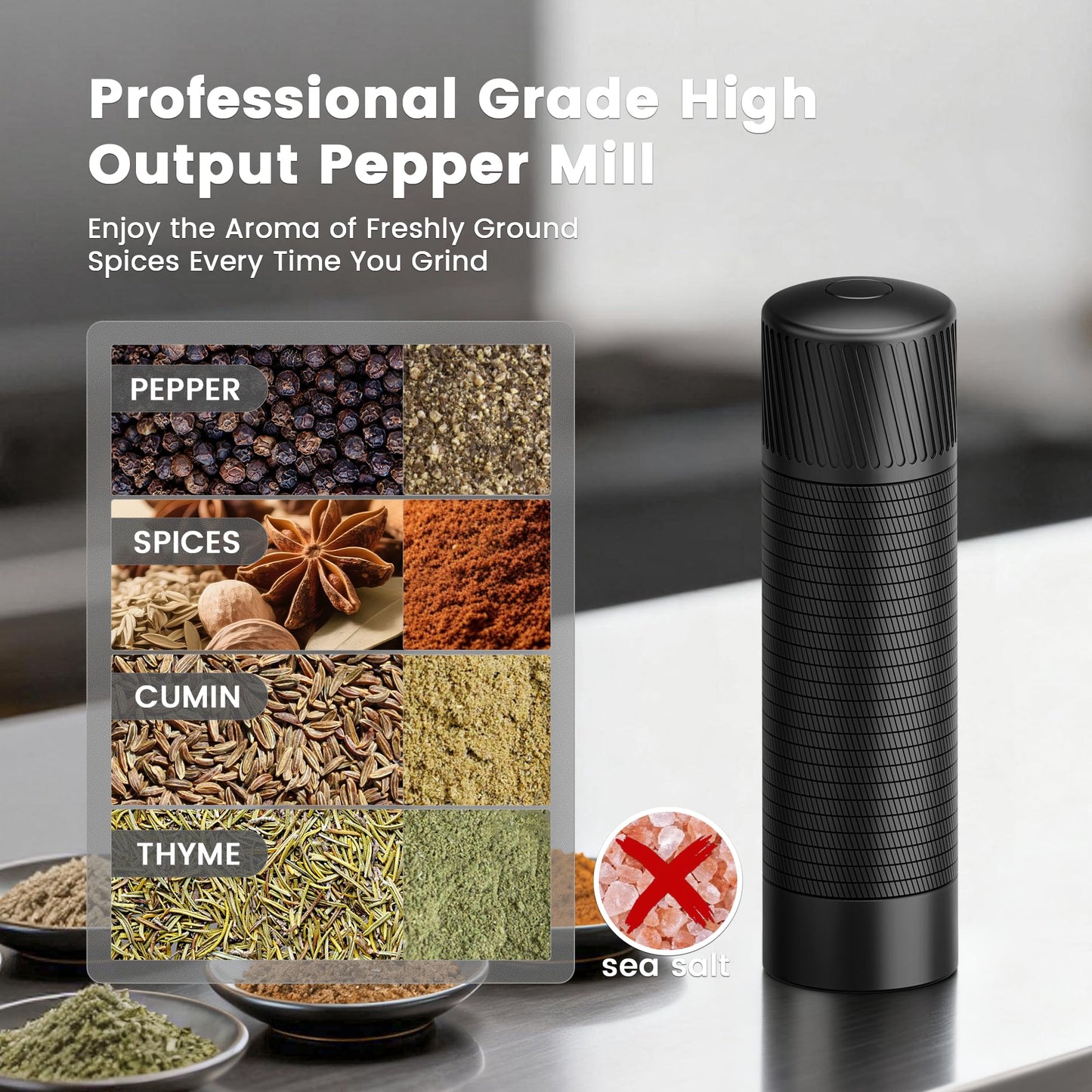 Heavy Duty Manual Pepper Grinder & Spice Mill – Adjustable, Refillable, Stainless Steel & Aluminum, High Output for Black Pepper, White Pepper, Chili, and Thyme, Home, Restaurant & Gourmet Kitchen