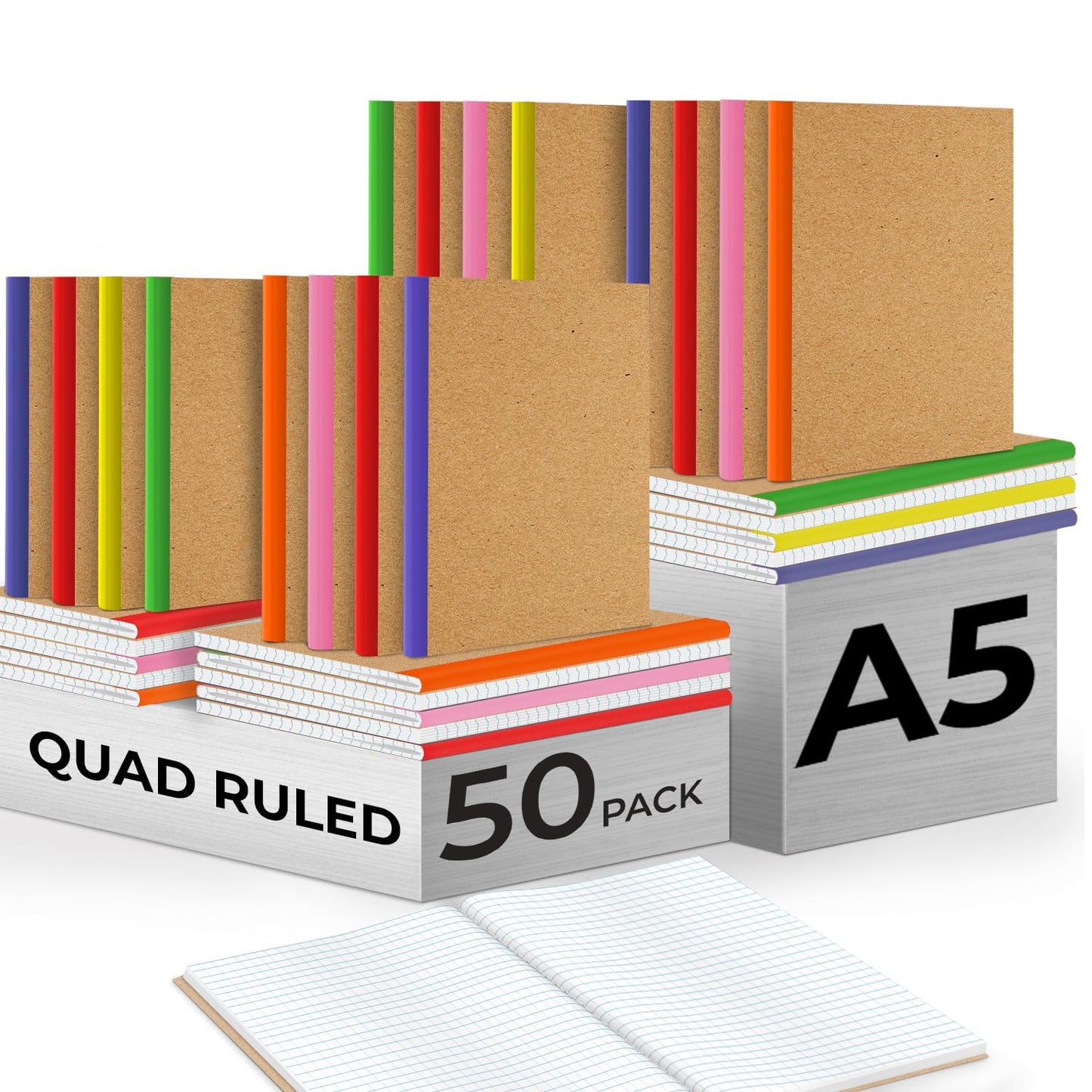 Rosmonde 50 Pack Bulk Graph Paper Composition Notebook, 120 Pages (60 Sheets), Bulk Quad Ruled, Kraft Cover Notebook, A5 Paper, Graph Notebooks, Grid A5 Notebooks, Assorted Rainbow Spines