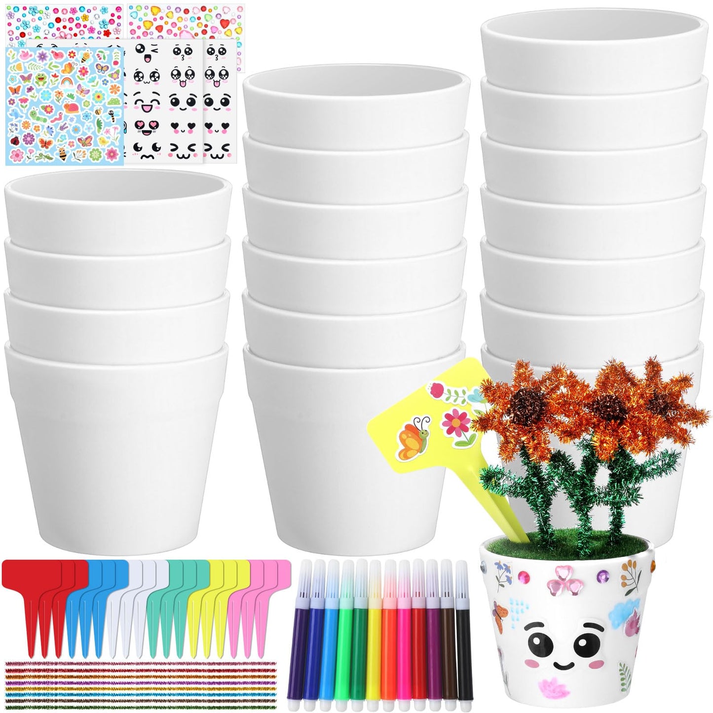 Funnymoom 36 Set Garden Plastic Pot Craft Kit DIY Flower Plant Spring Craft Pot with Pipe Cleaners Stickers Flower Planting Growing Kits for Creative Activity Art Project Home Bulk Painting