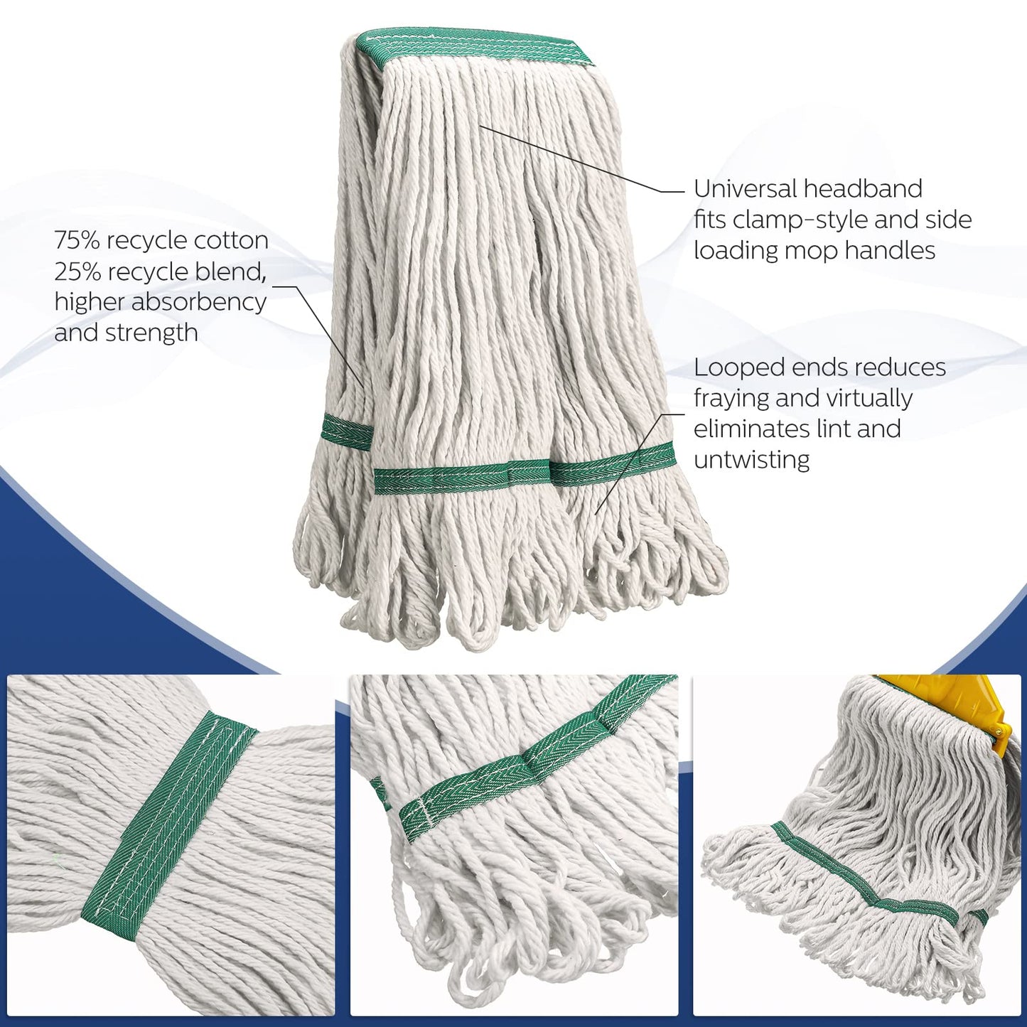 6 Pack Heavy Loop End Cotton String Mop Head Heavy Duty Mop Head Commercial Refills Mop Head Replacement for Home Industrial Commercial Floor Cleaning(White, Green)