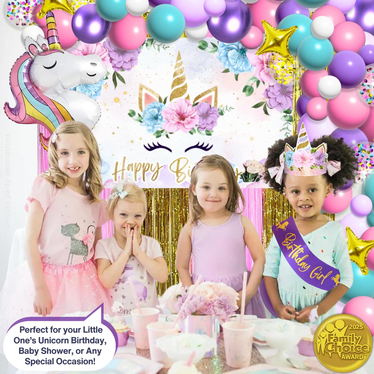 245 Pieces RainMeadow Unicorn Birthday Decorations for Girls Kit, All-in-1 Party Supplies Pack With Balloon Garland, Fringe Curtains, Foil Balloons, Backdrop, Crown, Sash - Pink, Purple, Teal, Gold