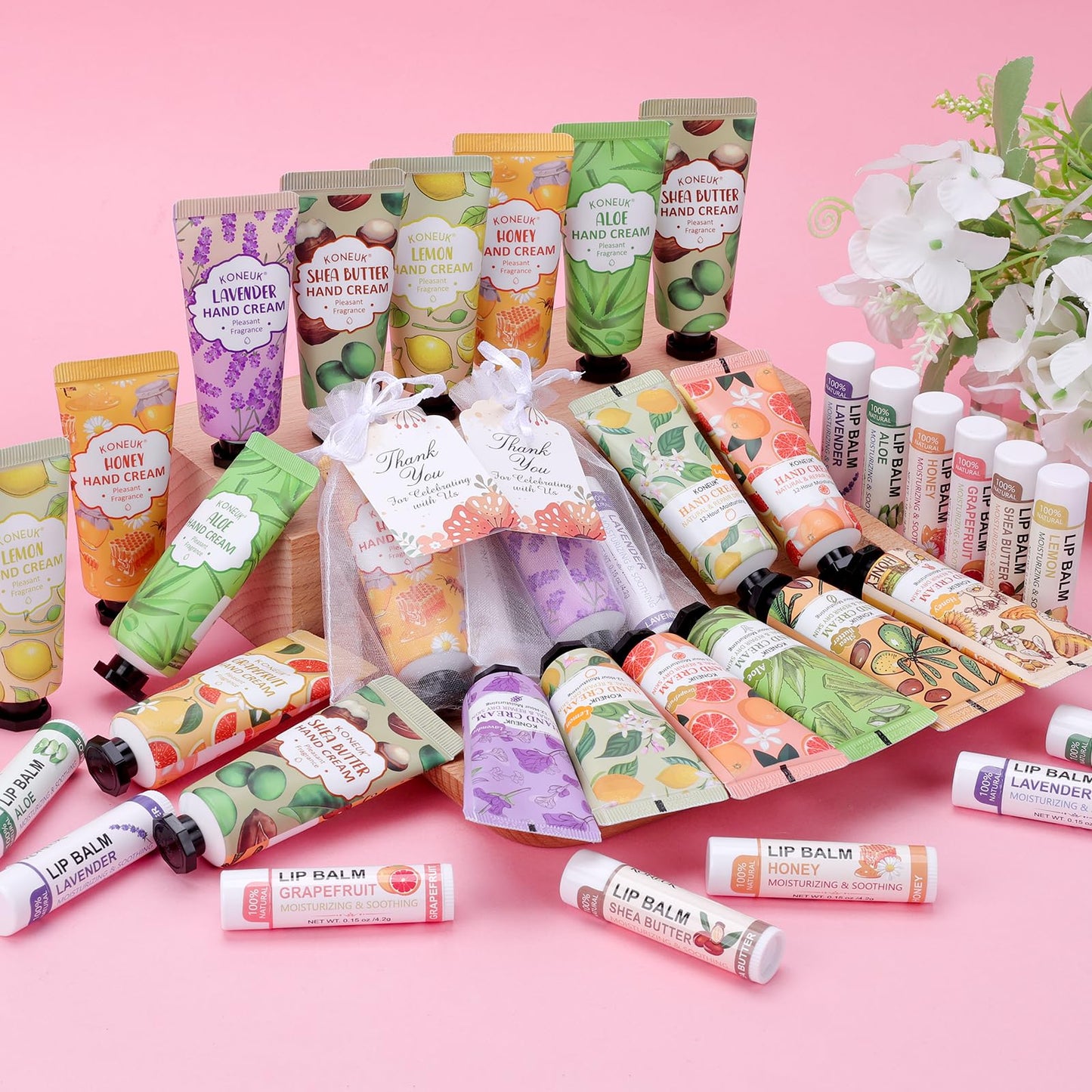 60 Pack Hand Cream Bulk and Lip Balm Bulk Sets, Valentines Day Gifts for Her, Bridal Shower Favors and Wedding Shower Favors for Guests, Mothers Day Gifts for Mom, Thank You Gifts for Women