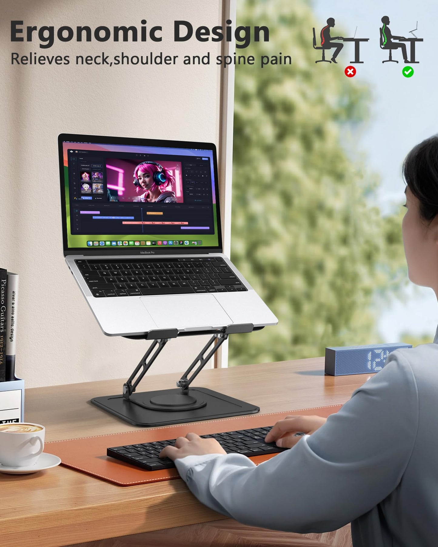 LOXP Adjustable Laptop Stand, Computer stand with 360 Rotating Base, Ergonomic Laptop Riser for Desk Foldable Laptop Mount Protable Computer Stand for Laptop Fits with MacBook Pro Air (10-16") - Black