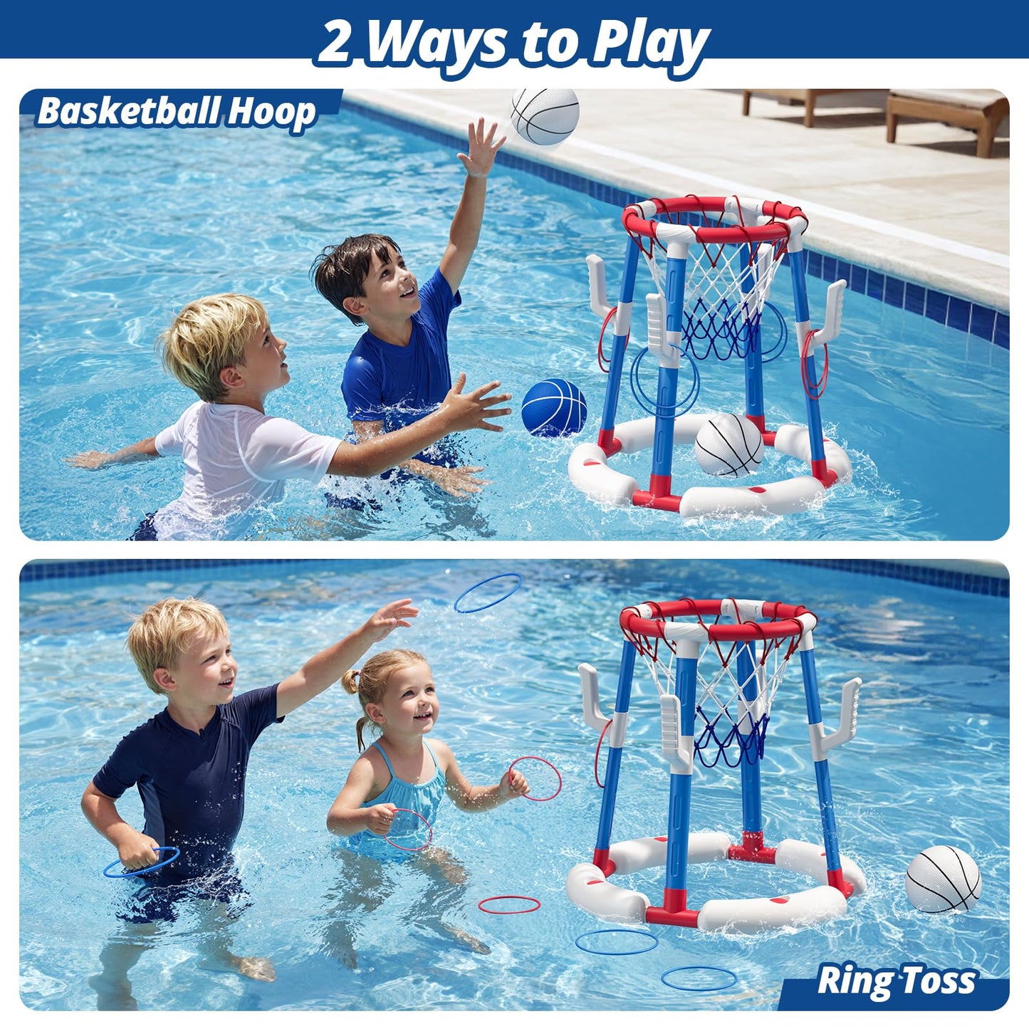 2 in 1 Pool Basketball Hoop Set with Ring Toss Game, Floating Water Pool Toys with 4 Balls, 8 Rings & Pump, Summer Outdoor Swimming Pool Toys Gifts for Adults Kids Teens, Red
