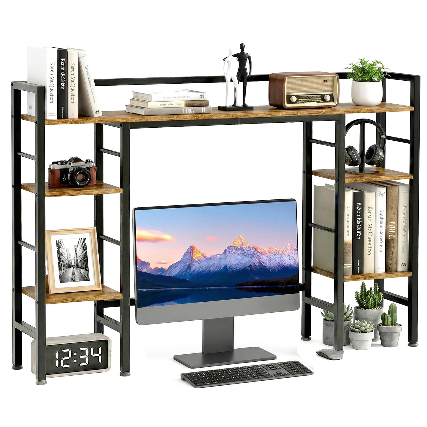 ZIFTY 39.4" Desktop Bookshelf Countertop Storage Hutch with 8 Shelves for Monitor up to 24", Large Desk Bookcase Organizer Display Shelf Rack for Computer Desk, Home Office Dorm Home Anti-tip Device