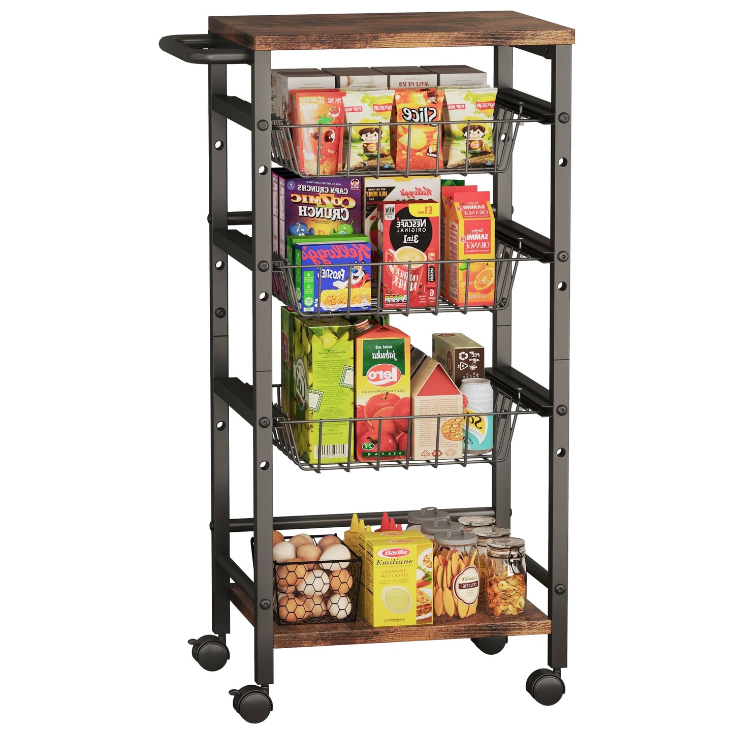 5-Tier Snack Organizer Cart with 3 Height Adjustable Pull-Out Baskets and 2 Storage Shelves, Utility Kitchen Organizer and Storage Cart with Convenient Handle for Fruit Potato Onion Vegetable Snack