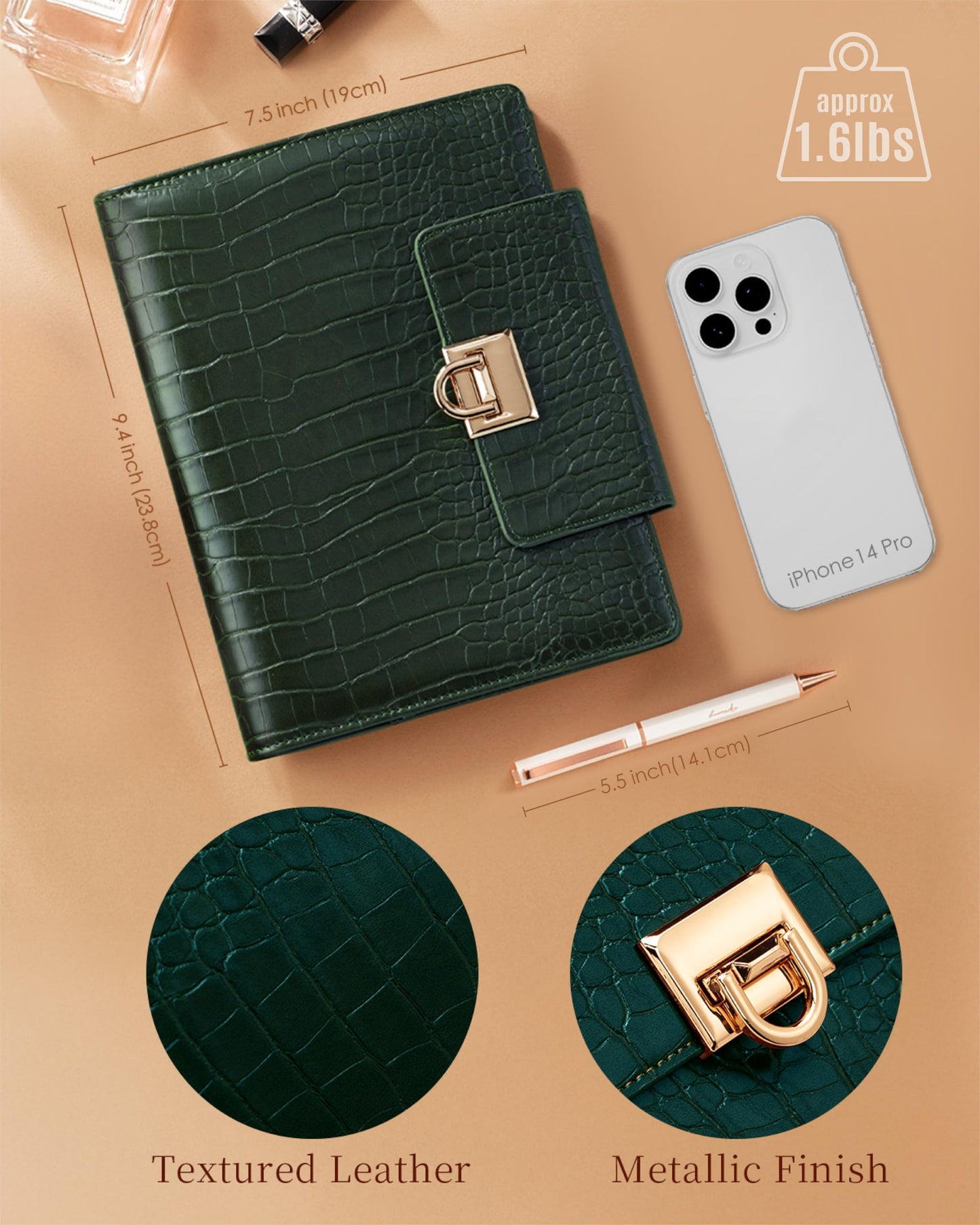 EGOSUNNY Croc-Embossed A5 PU Leather Planner 5.8" x 8.3", Refillable 6-Ring Binder with 80 Sheets, Dividers & Elegant Metal Ballpoint Pen – Elegant Organizer for Work & Everyday Use