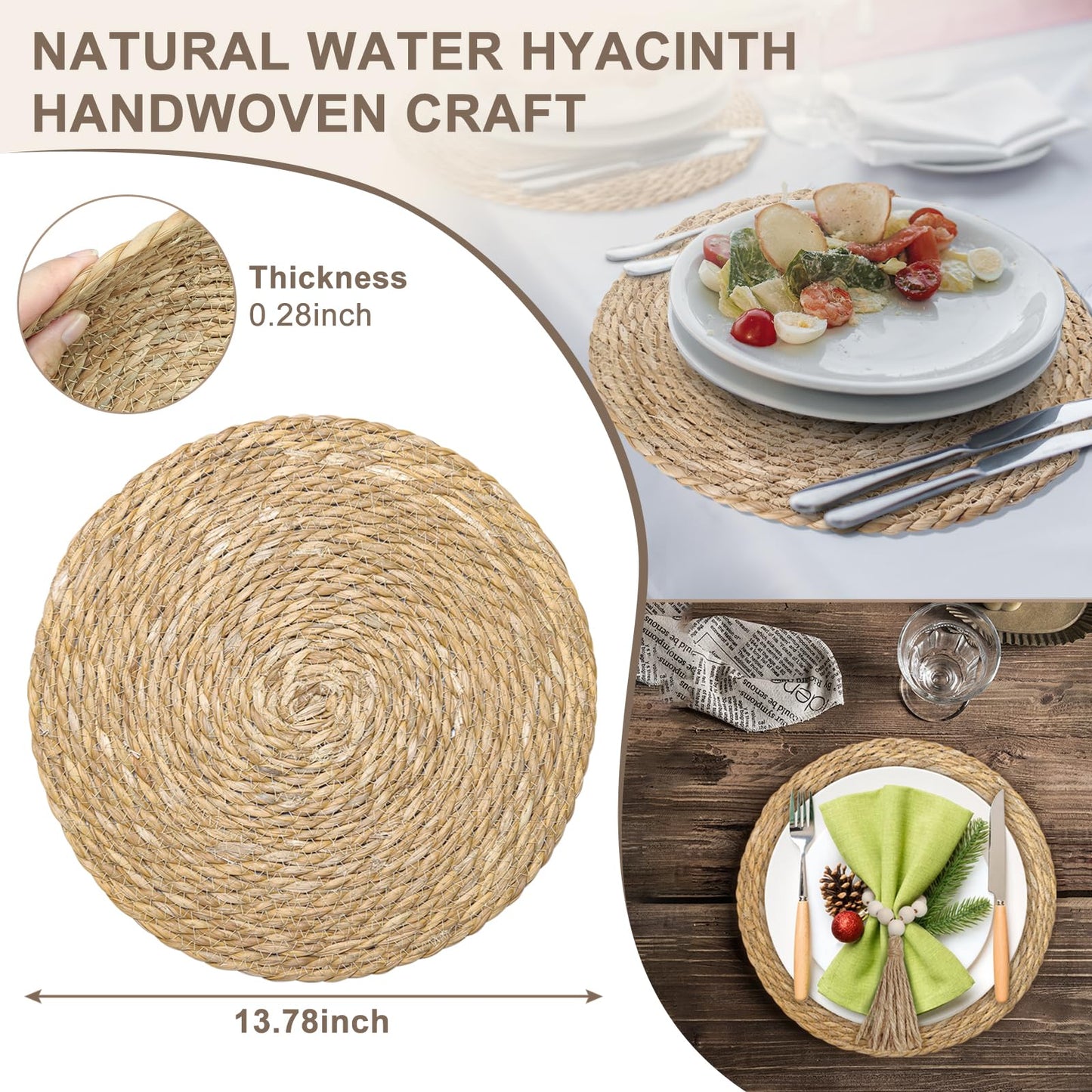 Hardcometrue Boho Woven Placemats Set of 10 with Wooden Napkin Rings, Round Charger Plates, Natural Ranttan Dinner Place Mats for Dining Table Decor - 13.8 inch