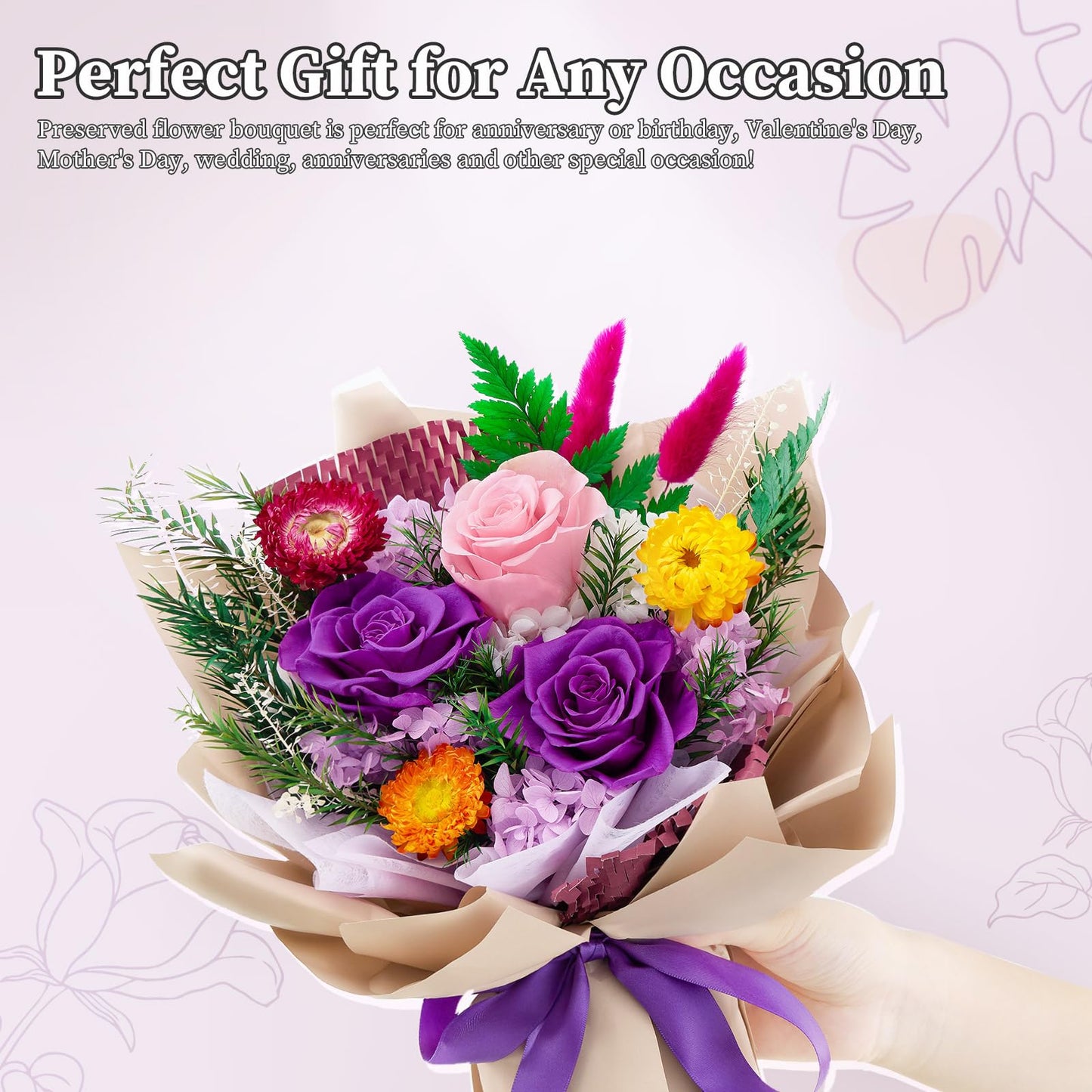 Flomoon Forever Flowers Gifts for Her, Preserved Flowers Bouquet Birthday Gifts for Women, Preserved Roses for Grandma Wife Anniversary Valentine's Day Mother's Day (Purple Paper)