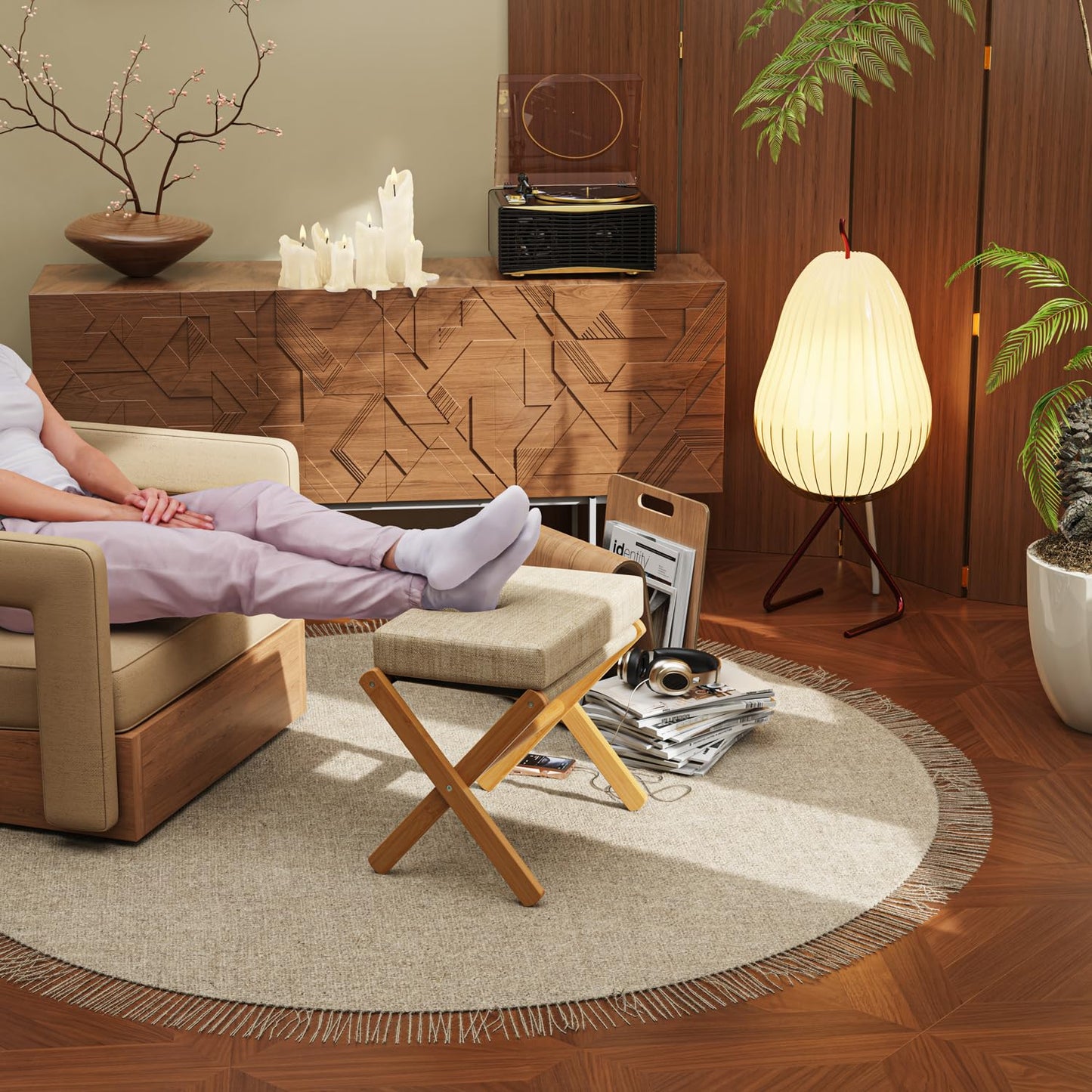 BAMBOOHOMIE Foldable Foot Stool Ottoman, Modern Foot Rest with Bamboo X Legs & Thick Foam Cushion, Folding Foot Stools Small Padded for Bedroom Living Room, Makeup Vanity Stool Chair (Natural - Brown)