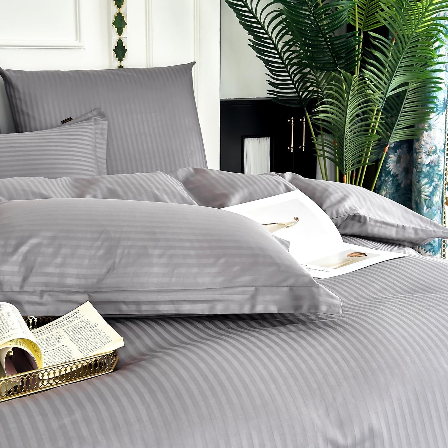 Amolavet Hotel Duvet Cover King Size Cotton Dark Grey Satin Pin Striped with Zipper - Duvet Cover King 3 Pcs Set 104x90 (1 Duvet Cover & 2 Pillow Shams) - Comforter/Quilt Cover King Size