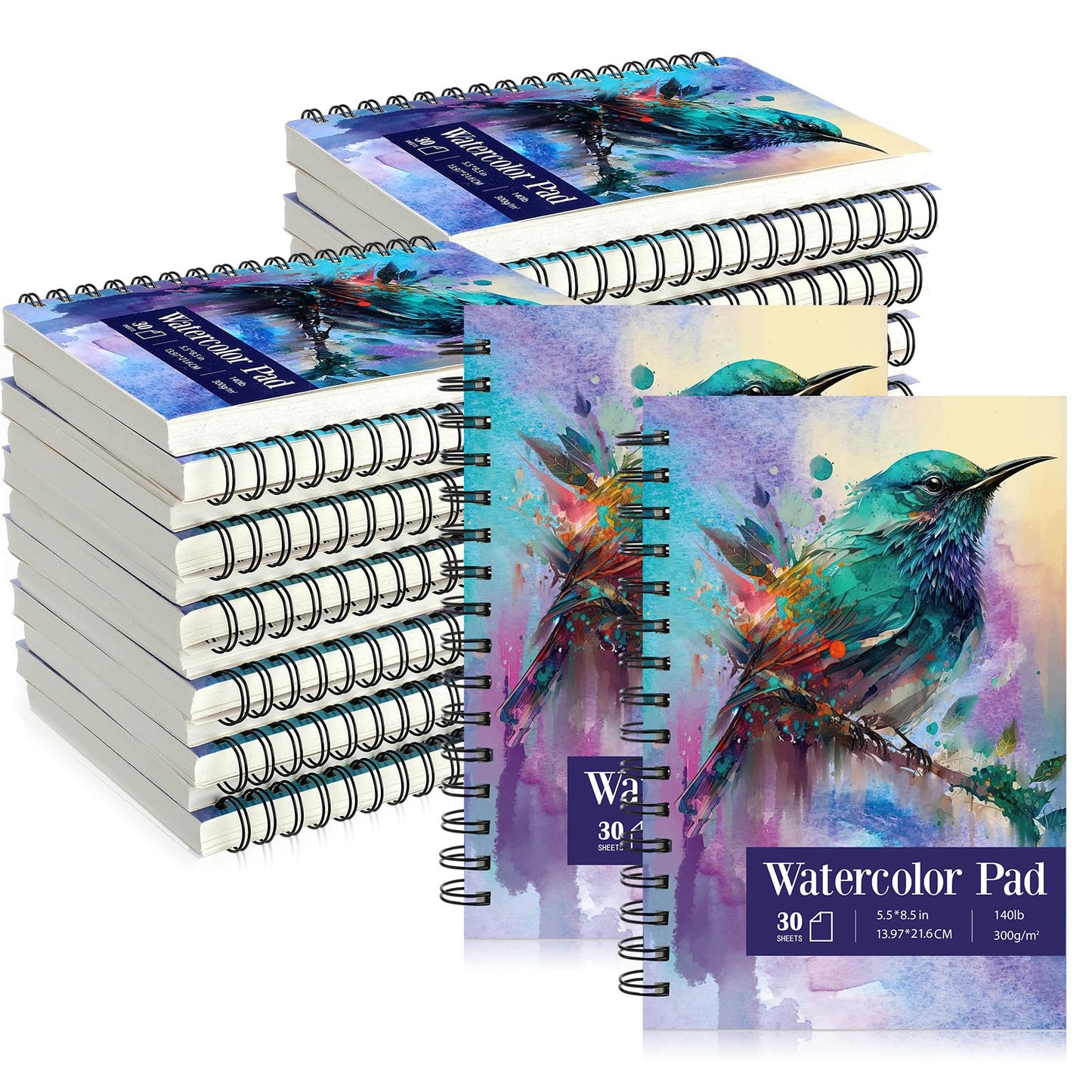 Jetec 12 Pcs 5.5 x 8.5 Inch Watercolor Paper Pad 140lb 300gsm Watercolor Pads Acid Free Paper 30 Sheets Each Spiral Bound for Painting Pencil Ink Charcoal Pastel Acrylic Wet Dry Media Artist Students